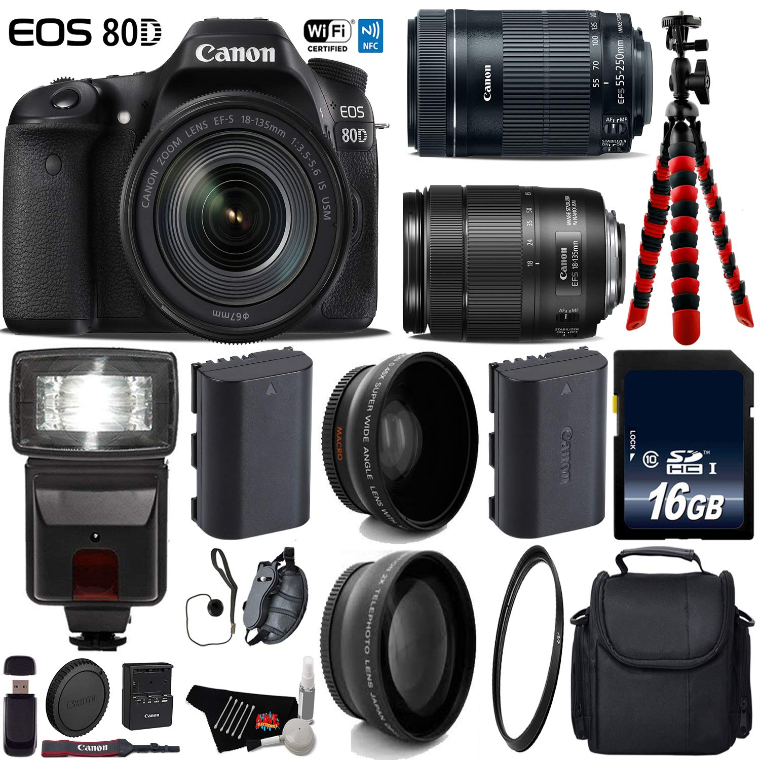 Canon EOS 80D DSLR Camera with 18-135mm is STM Lens & 55-250mm is STM Lens + Flash + UV FLD CPL Filter Kit Deluxe Bundle