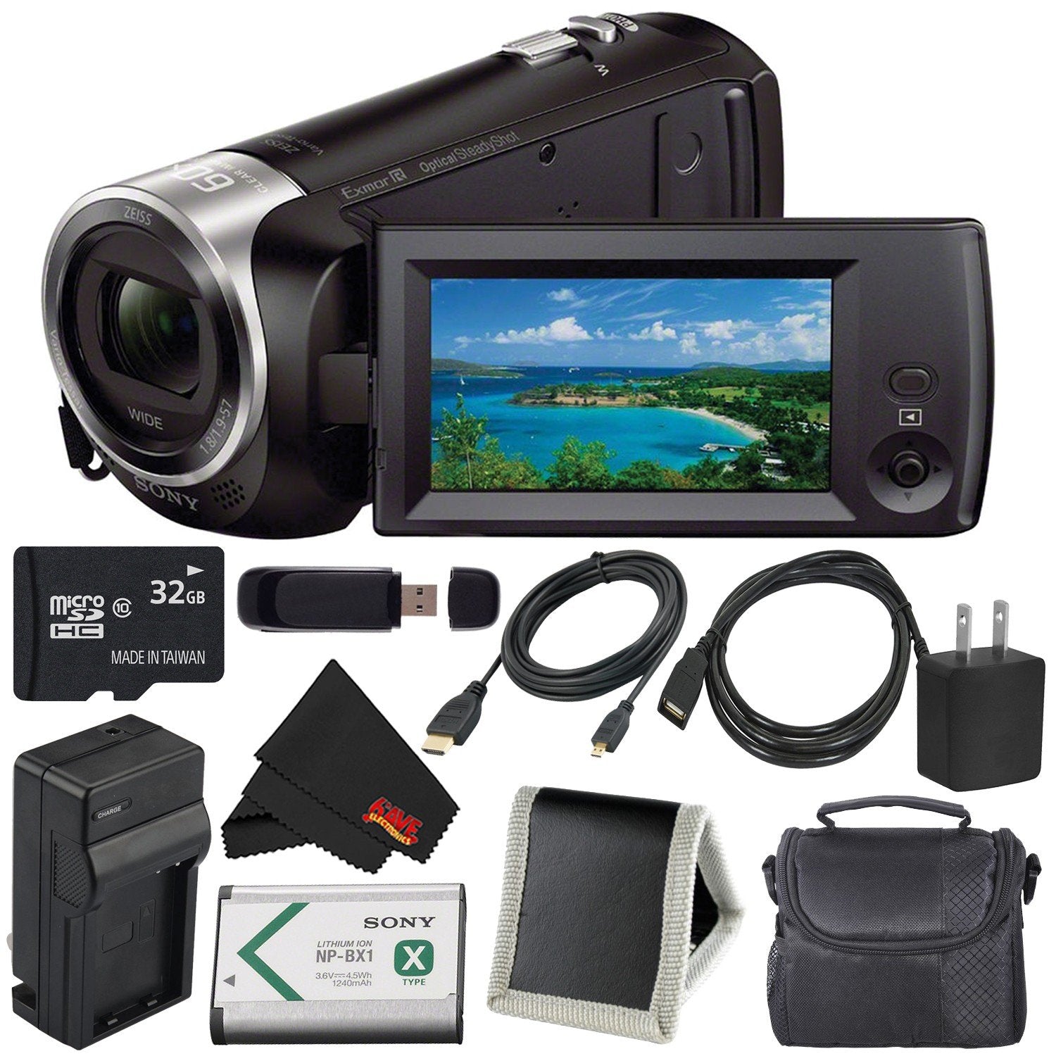 Sony HDR-CX405 HD Handycam HDRCX405/B + 32GB microSDHC Card + Carrying Case + Microfiber Cloth Bundle