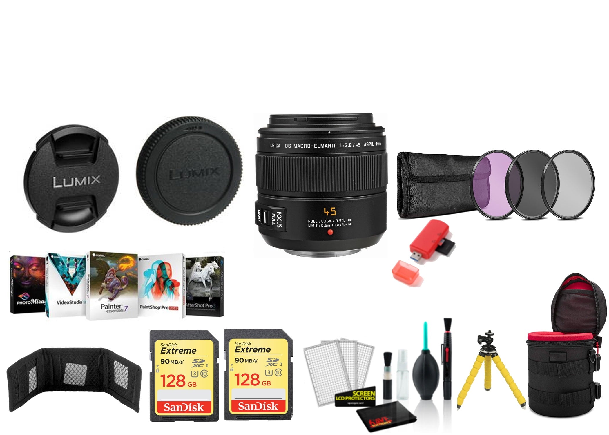 Panasonic Leica DG Macro-Elmarit 45mm f/2.8 ASPH. MEGA O.I.S. Lens with 2x 128GB Memory Cards International Model