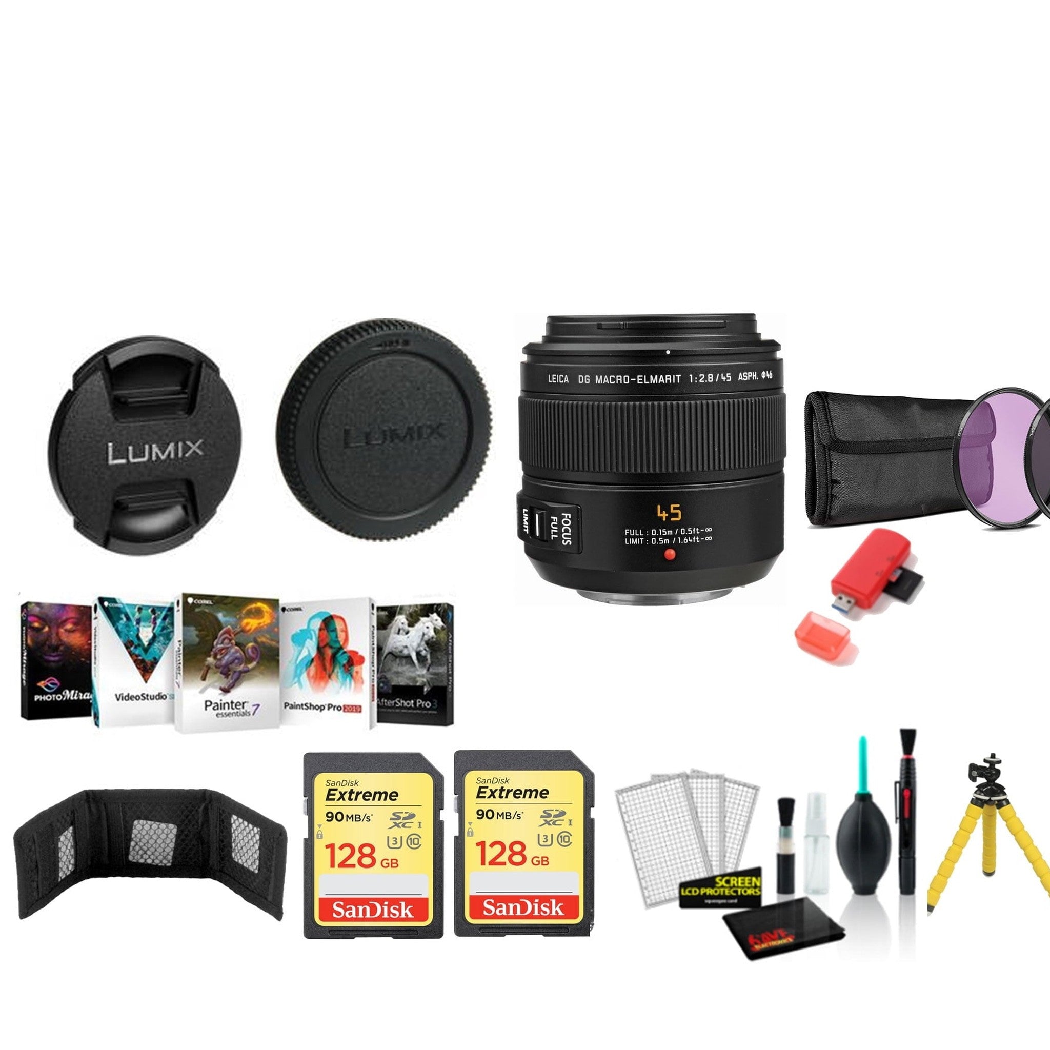 Panasonic Leica DG Macro-Elmarit 45mm f/2.8 ASPH. MEGA O.I.S. Lens with 2x 128GB Memory Cards International Model