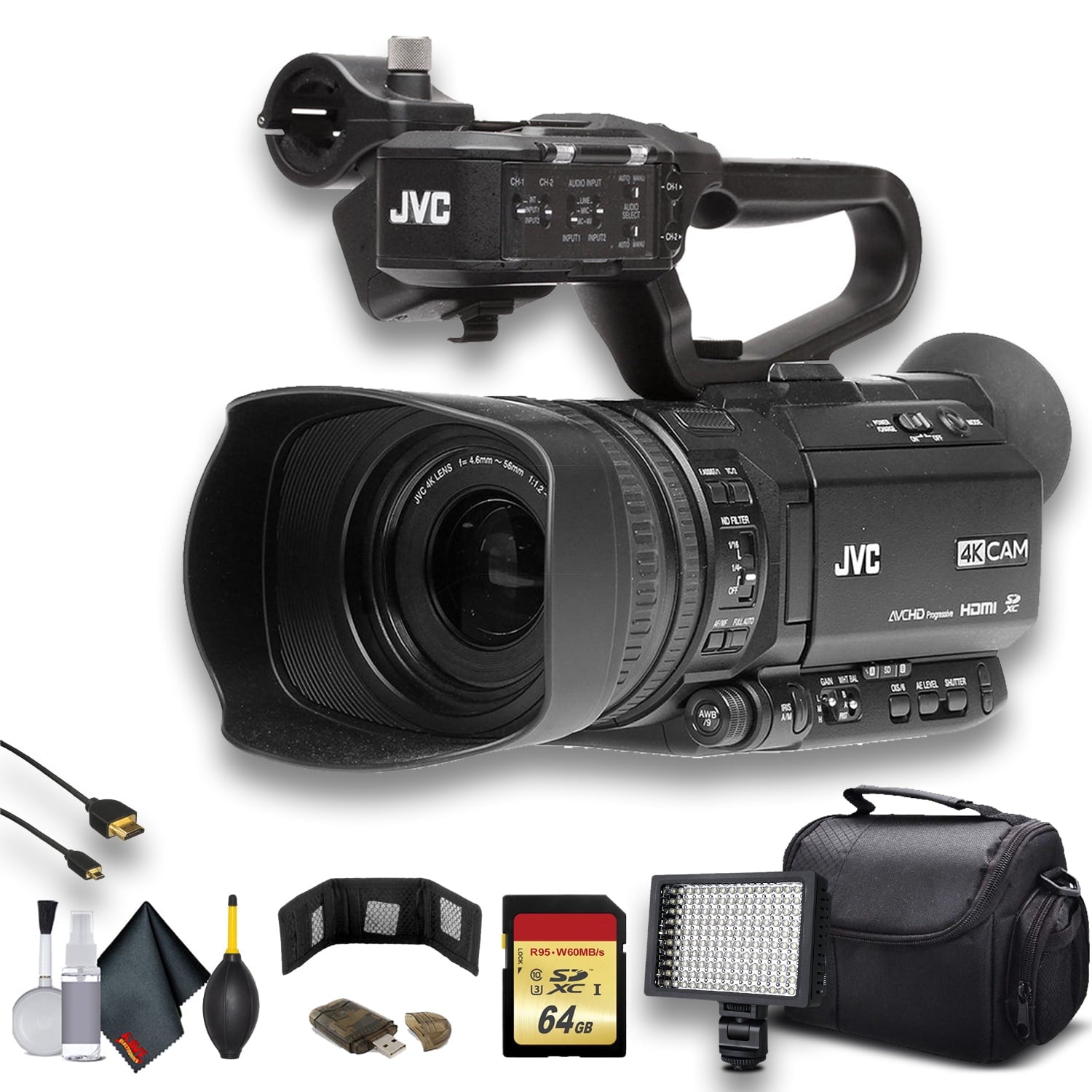 JVC GY-HM250 UHD 4K Streaming Camcorder W/ 64GB Memory Card, HDMI Cable, Case, LED Light, Cleaning Kit and More. Professional Bundle