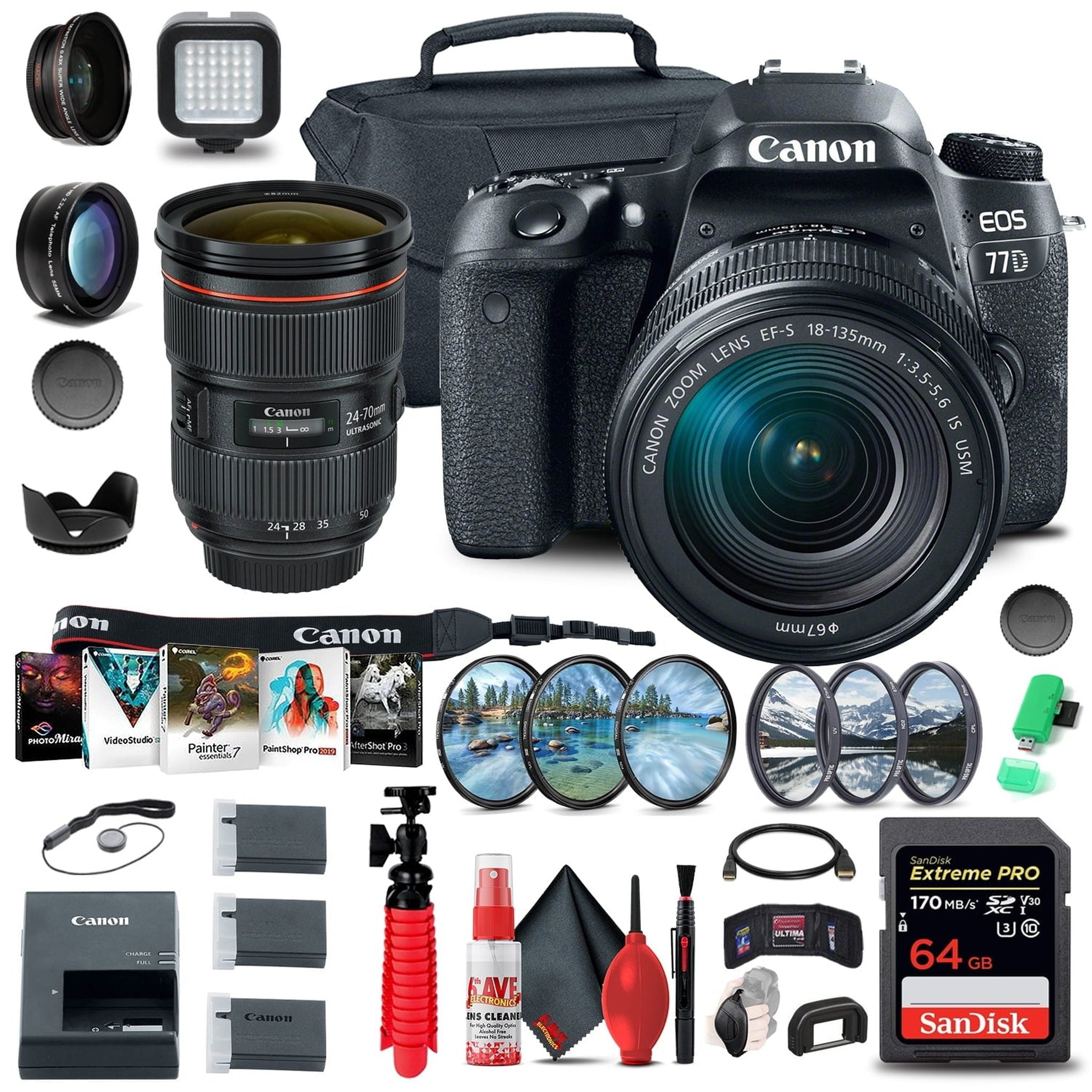Canon EOS 77D DSLR Camera with 18-135mm USM Lens 1892C002 + EF 24-70mm + More Canon