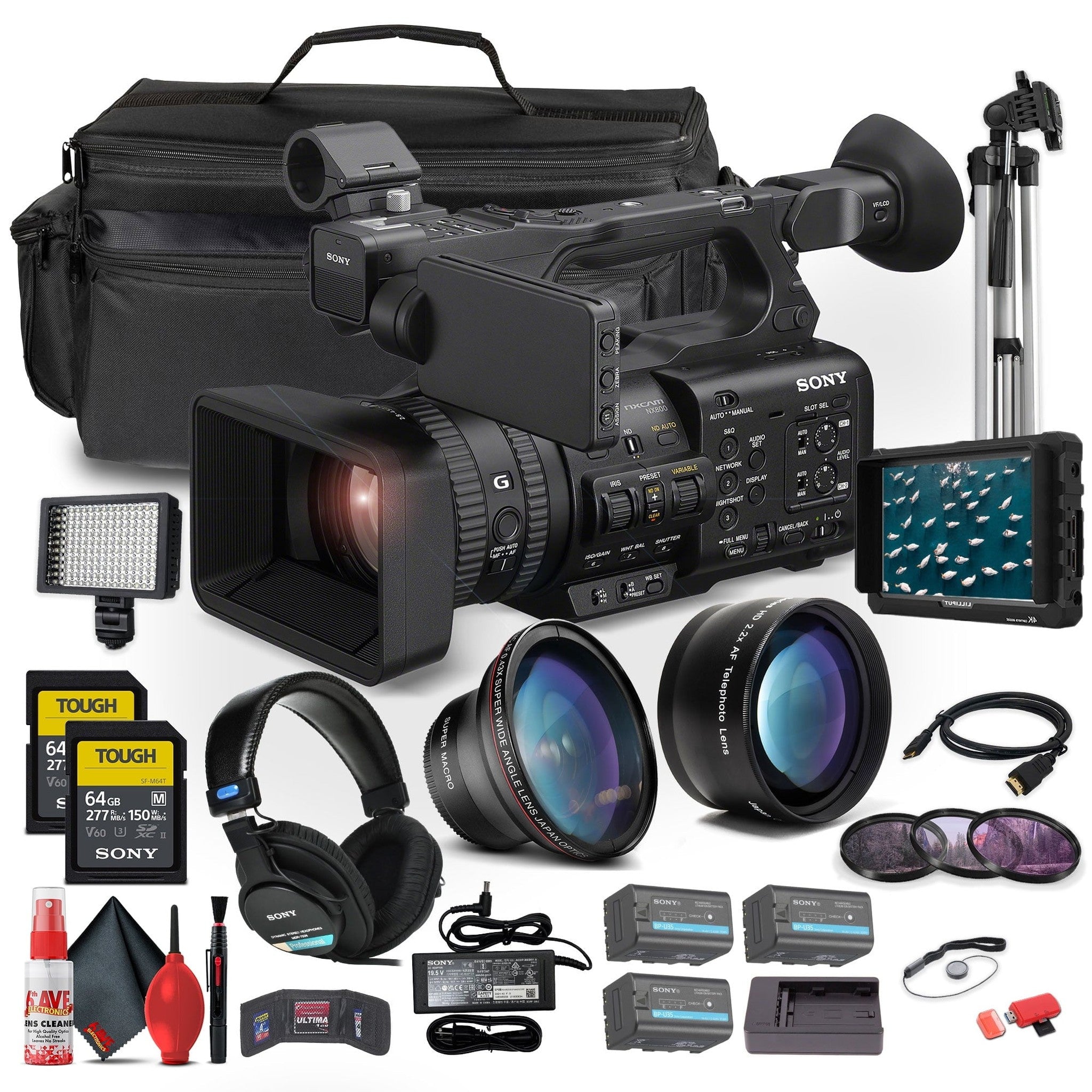 Sony HXR-NX800 NXCAM Camcorder+ 4K Monitor + Sony Mic + Headphones + More
