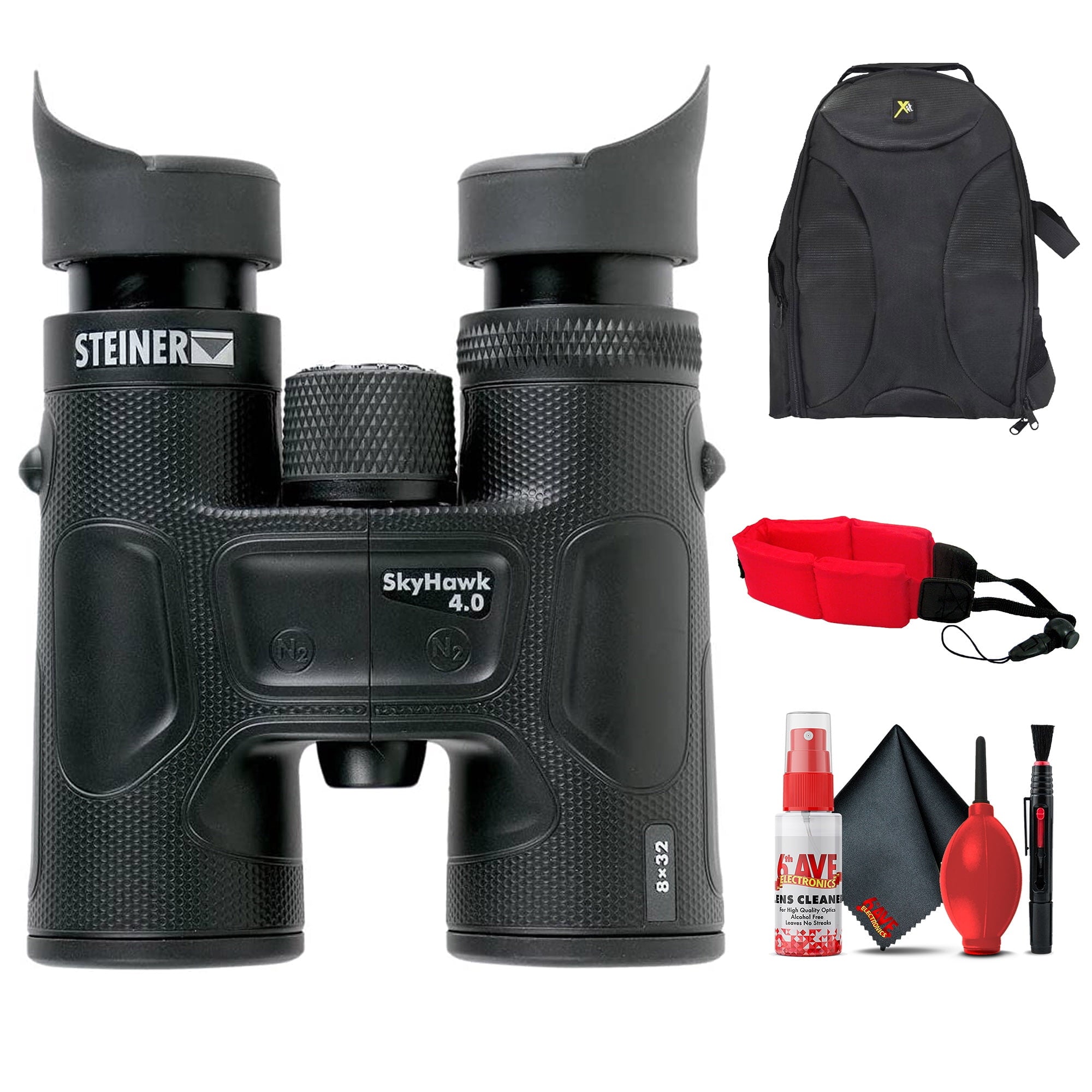 Steiner SkyHawk 4.0 8x32 Binoculars 23360900 Bundle with Padded Backpack, Floating Wrist Strap, and 6Ave Cleaning Kit