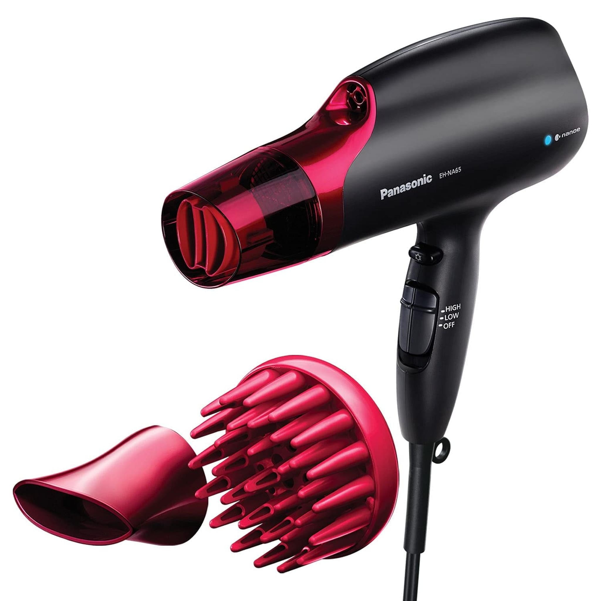 Panasonic Nanoe Hair Dryer, 1875 Watt Professional Blow Dryer for Smooth, Shiny Hair with 3 Attachments Quick Dry Nozzle, Diffuser and Concentrator Nozzle - EH-NA65-K Black/Pink , Black