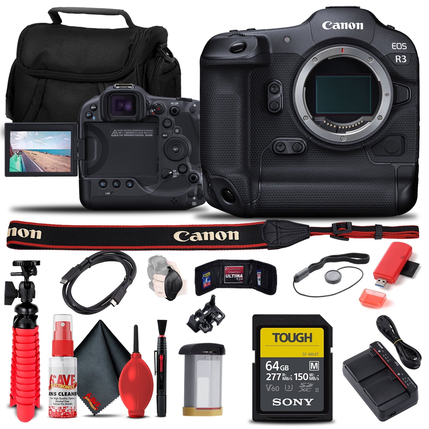 Canon EOS R3 Mirrorless Camera (4895C002) + Sony 64GB SD Card + More Bundle