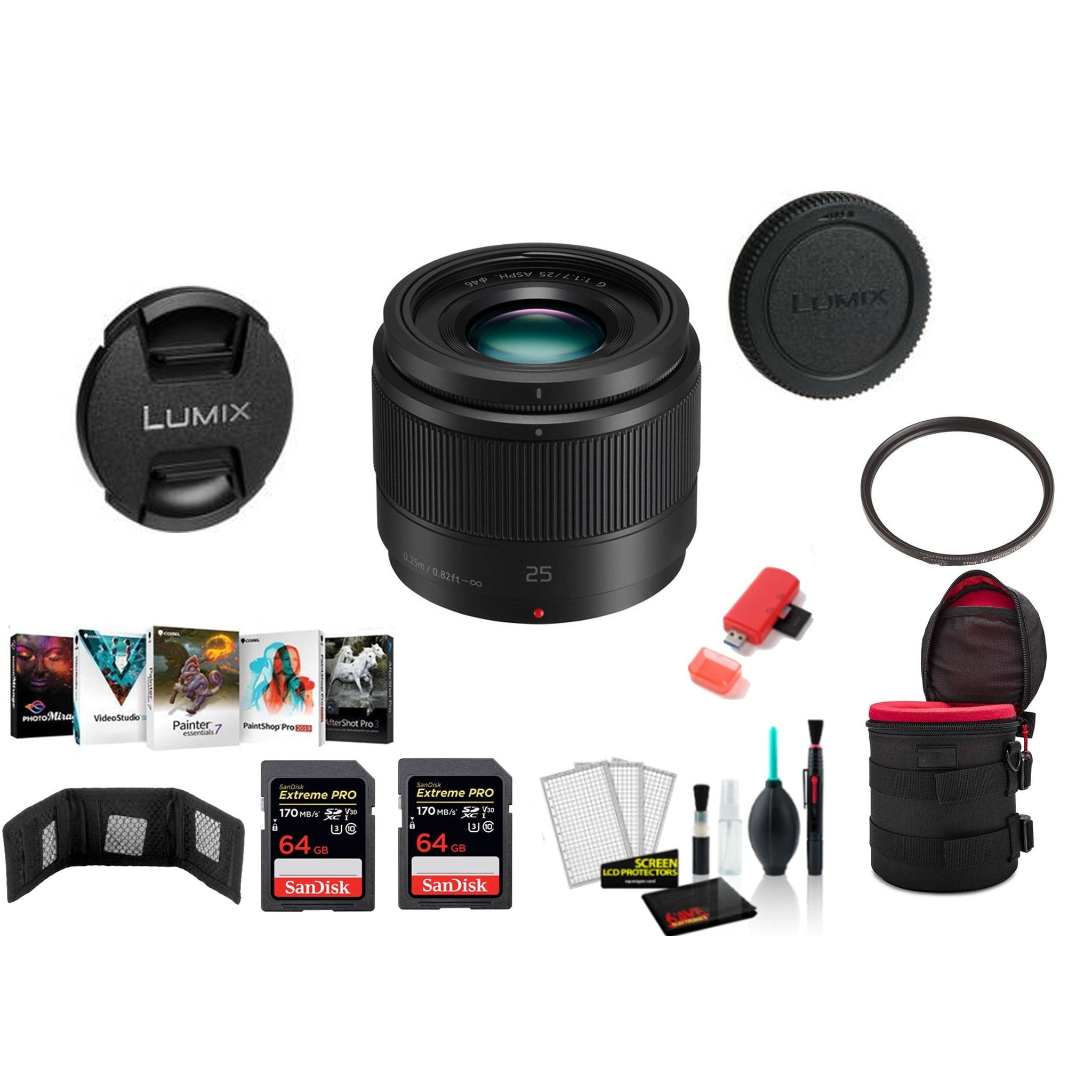 Panasonic Lumix G 25mm f/1.7 ASPH. Lens with 2x 64 Memory Cards and More International Model - Panasonic