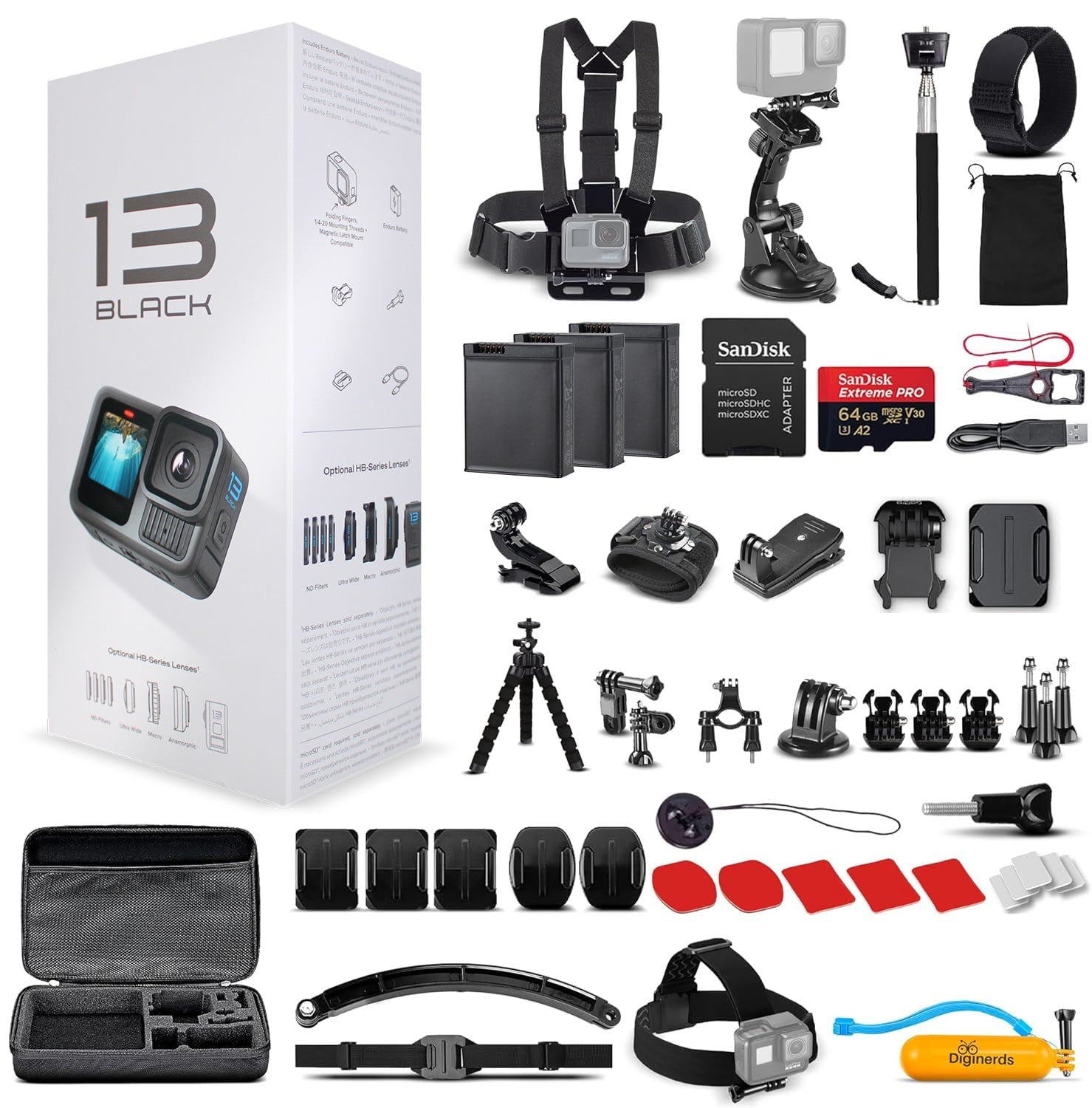 GoPro HERO13 Action Camera + 64GB Card, 50 Piece Accessory Kit and 2 Batteries