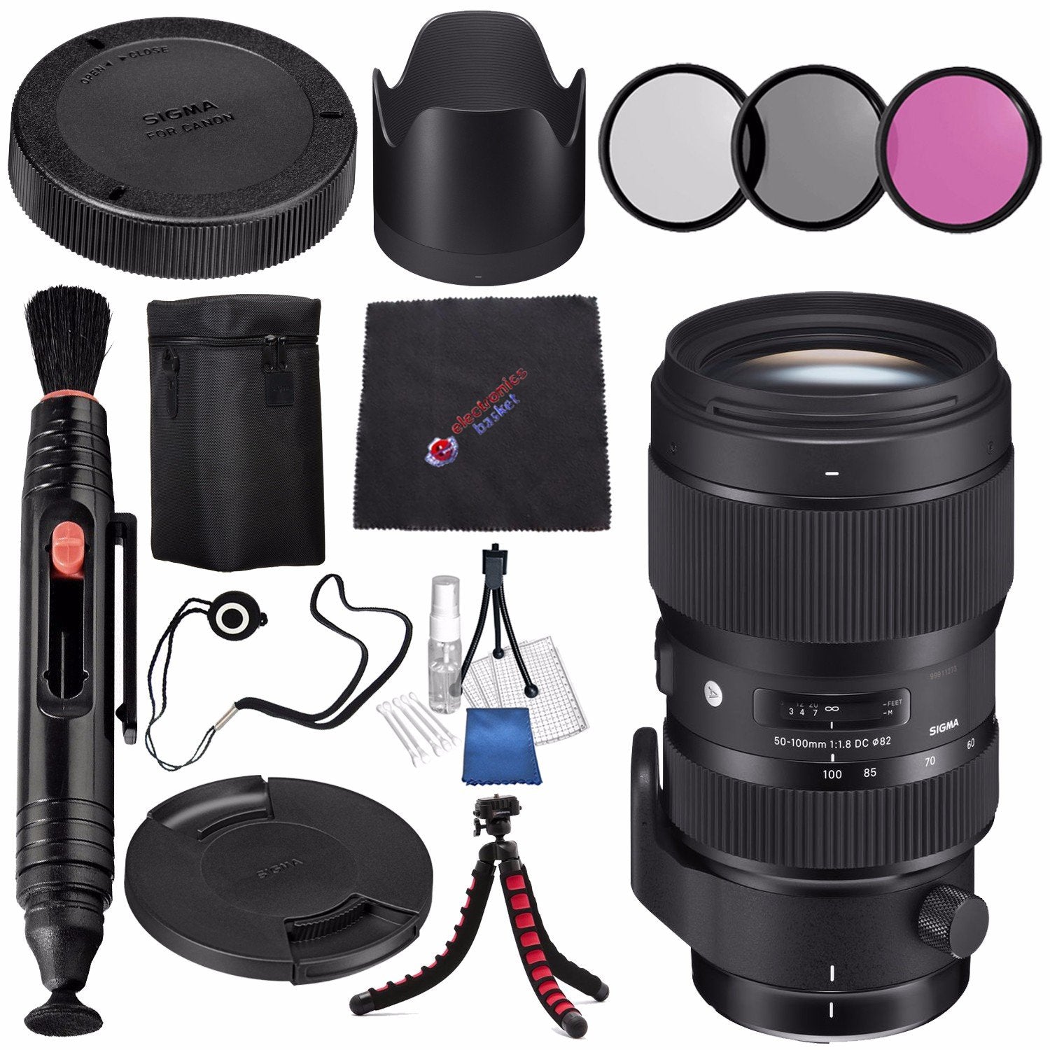 Sigma 50-100mm f/1.8 DC HSM Art Lens for Nikon F #693955 + 82mm 3 Piece Filter Kit + Lens Pen Cleaner + Microfiber Cleaning Cloth + Flexible Tripod Bundle (International Model No Warranty)