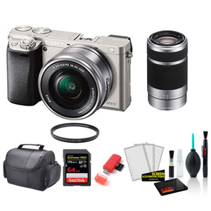Sony Alpha a6000 Mirrorless Digital Camera with 16-50mm + 55-210mm Lenses SILVER with 64GB Memory Card -International Model Bundle