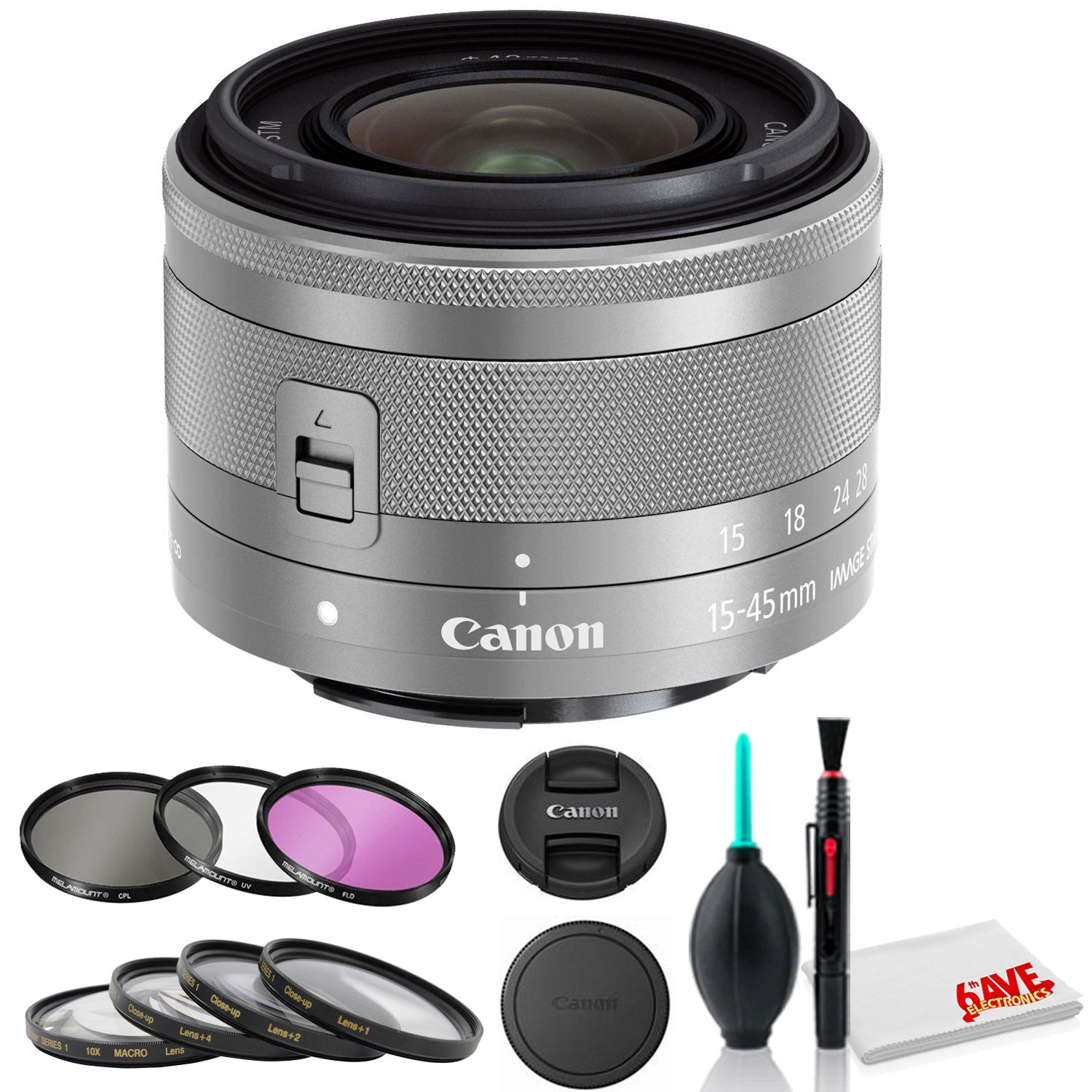 Canon EF-M 15-45mm f/3.5-6.3 IS STM Lens (Silver) (International Model) with Cleaning Kit and Filter Kits Bundle