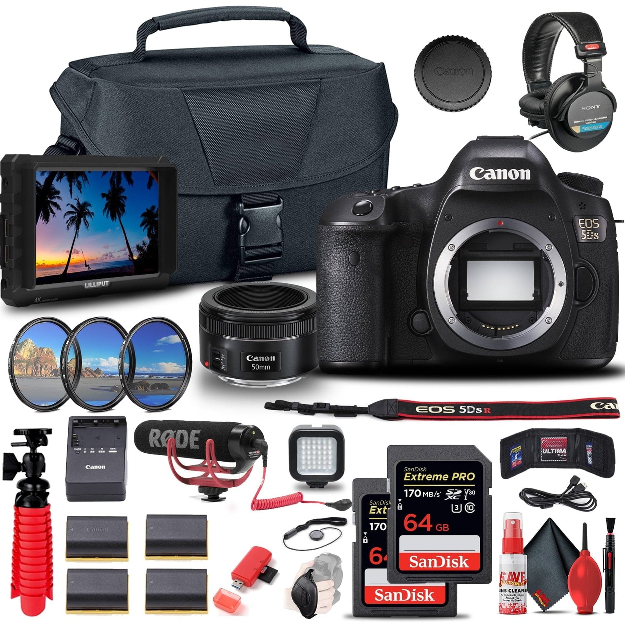 Canon EOS 5DS DSLR Camera 0581C002 + 4K Monitor + Canon EF 50mm Lens + More