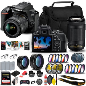 Nikon D3500 DSLR Camera with 18-55mm and 70-300mm Lenses 1588 + 64GB Extreme Pro Card Outdoor Bundle