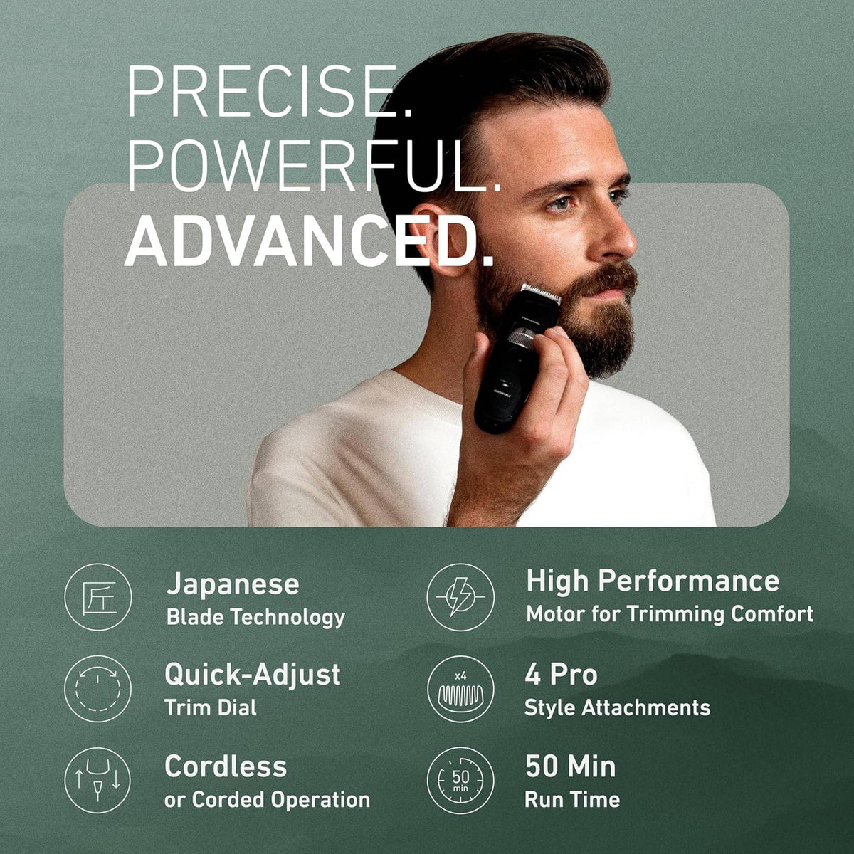 Panasonic Long Beard Trimmer for Men, 58 Length Settings and 4 Attachments for Cutting and Detailing, Cordless or Corded Operation - ER-GB96-K Black