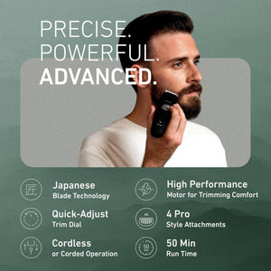 Panasonic Long Beard Trimmer for Men, 58 Length Settings and 4 Attachments for Cutting and Detailing, Cordless or Corded Operation - ER-GB96-K Black