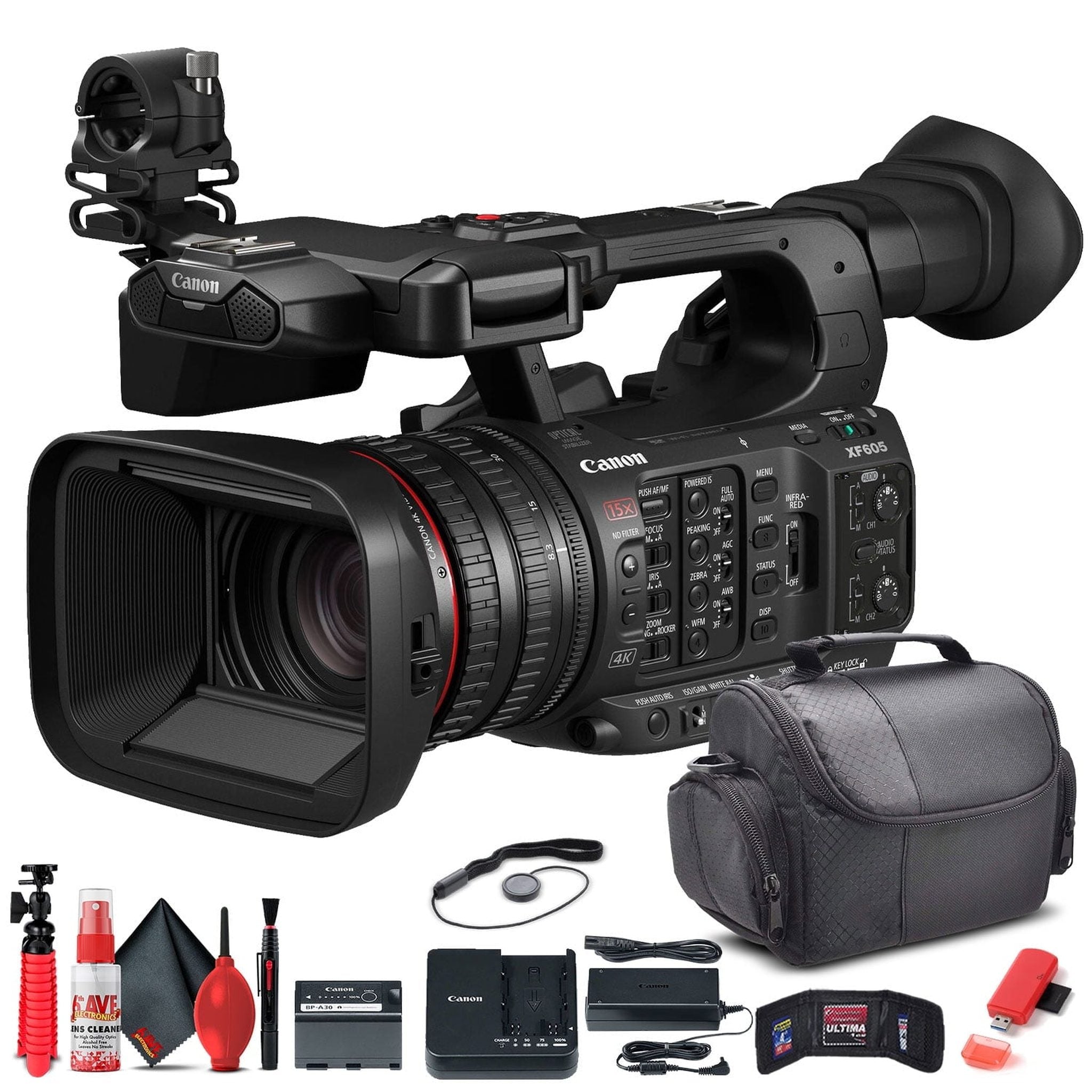 Canon XF605 UHD 4K HDR Pro Camcorder 5076C002 + Bag + Card Reader + More Bundle