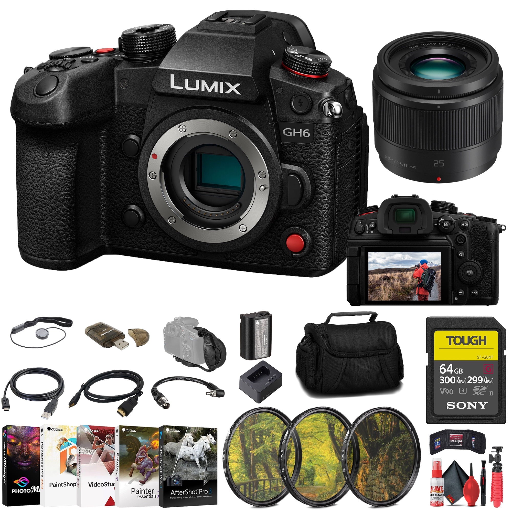 Panasonic Lumix GH6 Mirrorless Camera + Panasonic 25mm Lens + 64GB Card + More