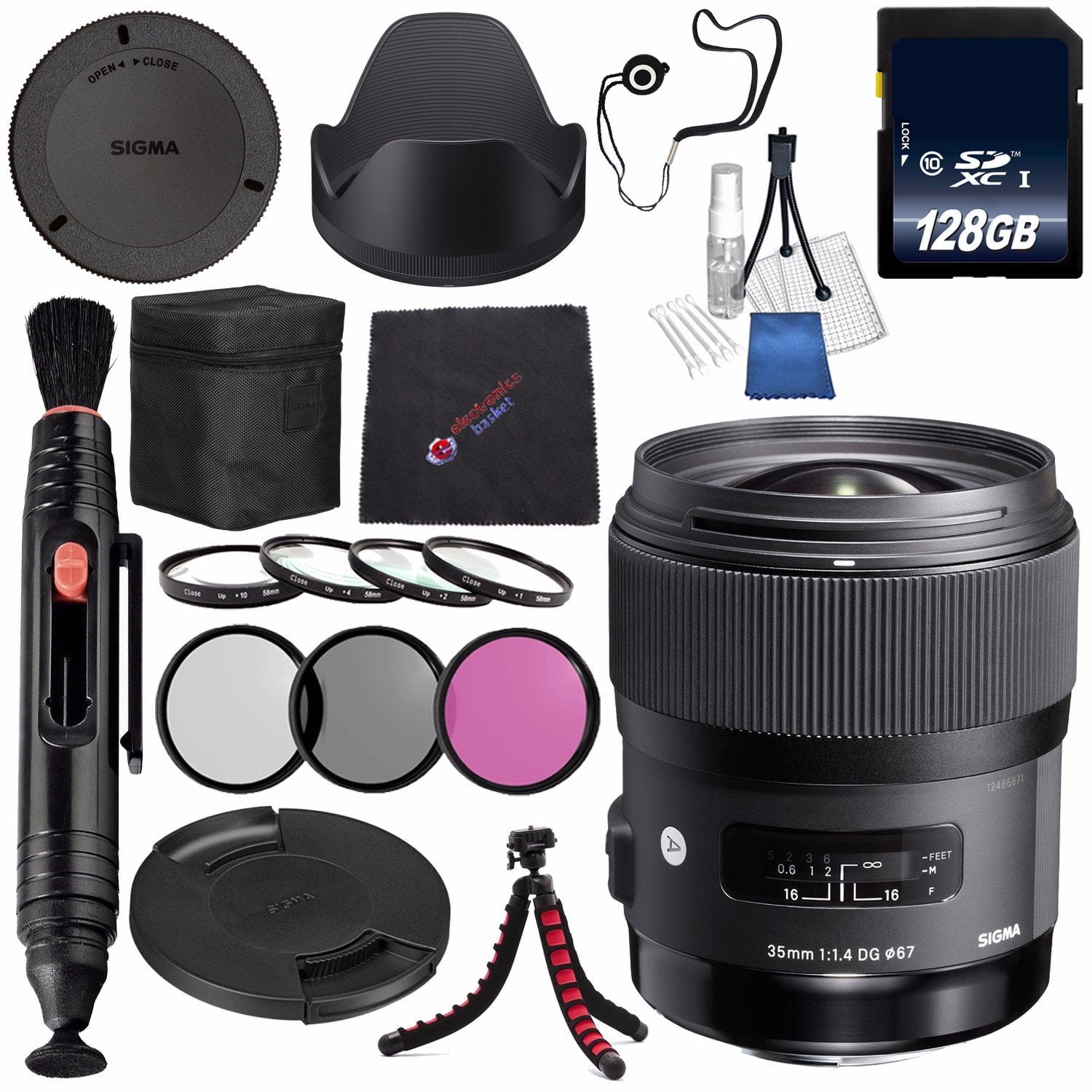 Sigma 35mm f/1.4 DG HSM Art Lens for Nikon DSLR Cameras #340306 + 67mm 3 Piece Filter Kit + 128GB SDXC Memory Card + Lens Pen Cleaner Bundle