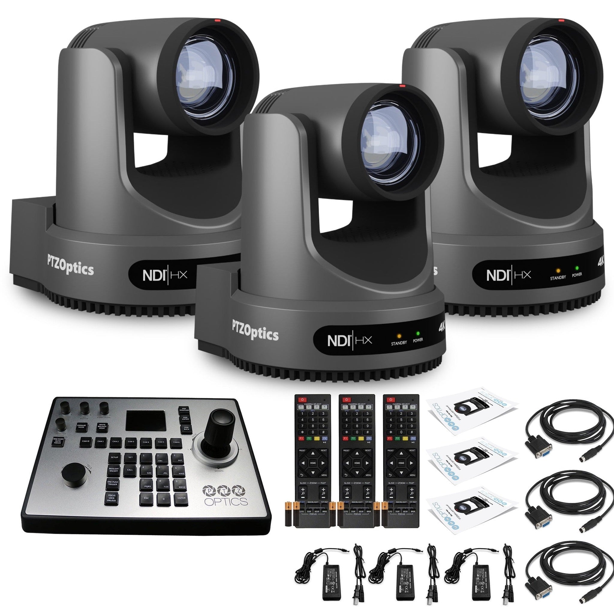 3 x PTZOptics Move 4K PTZ Camera with 20x Zoom Gray PT20X-4K-GY-G3 + PT-JOY-G4 Controller PTZOptics