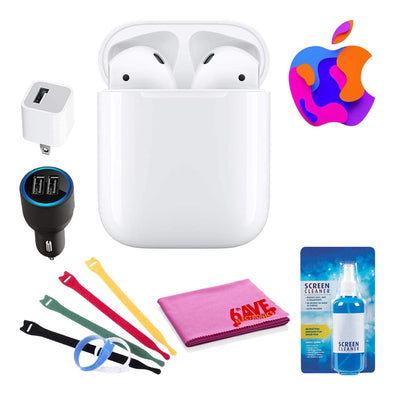 Apple AirPods with Charging Case 2nd Gen Bundle with Velcro Cable Ties + USB Wall & Car Charger
