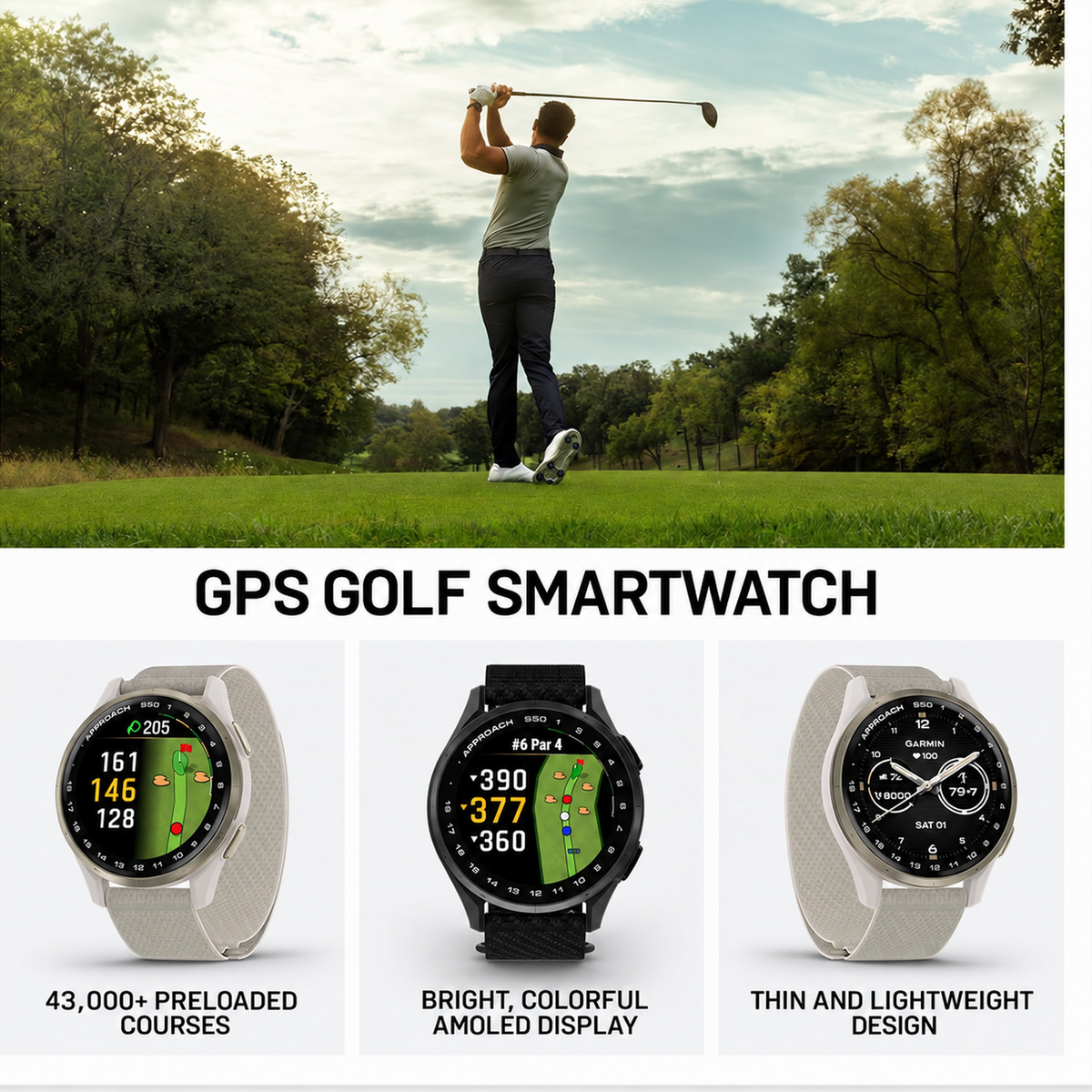 Garmin Approach® S50, Advanced Golf GPS Smartwatch, AMOLED Display, On-Course Features, Wrist-Based Heart Rate, Slate Aluminum Bezel with Black ComfortFit Nylon Band