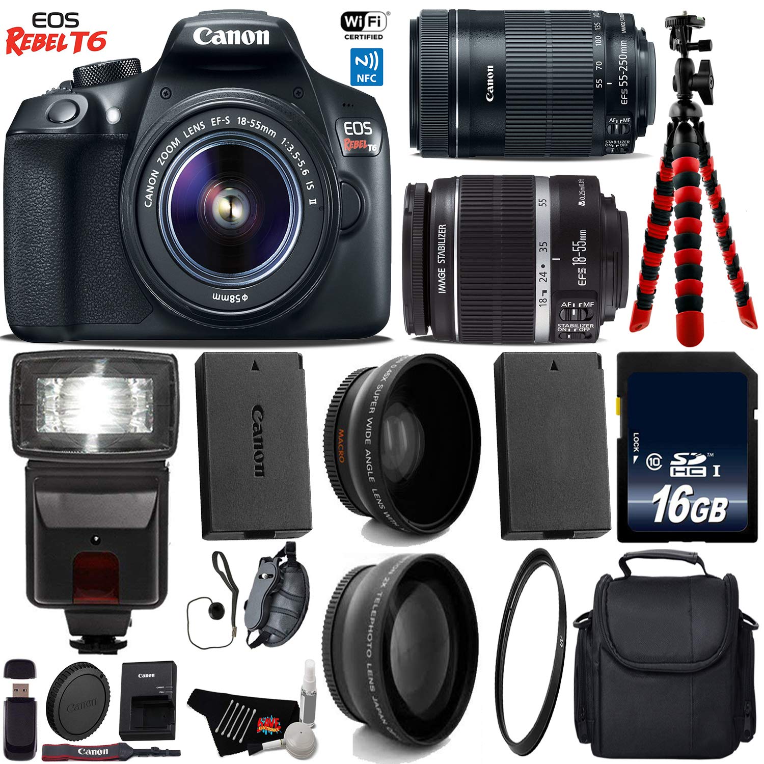 Canon EOS Rebel T6 DSLR Camera with 18-55mm is Lens & 55-250mm is STM Lens + Flash + UV FLD CPL Filter Kit Base Bundle