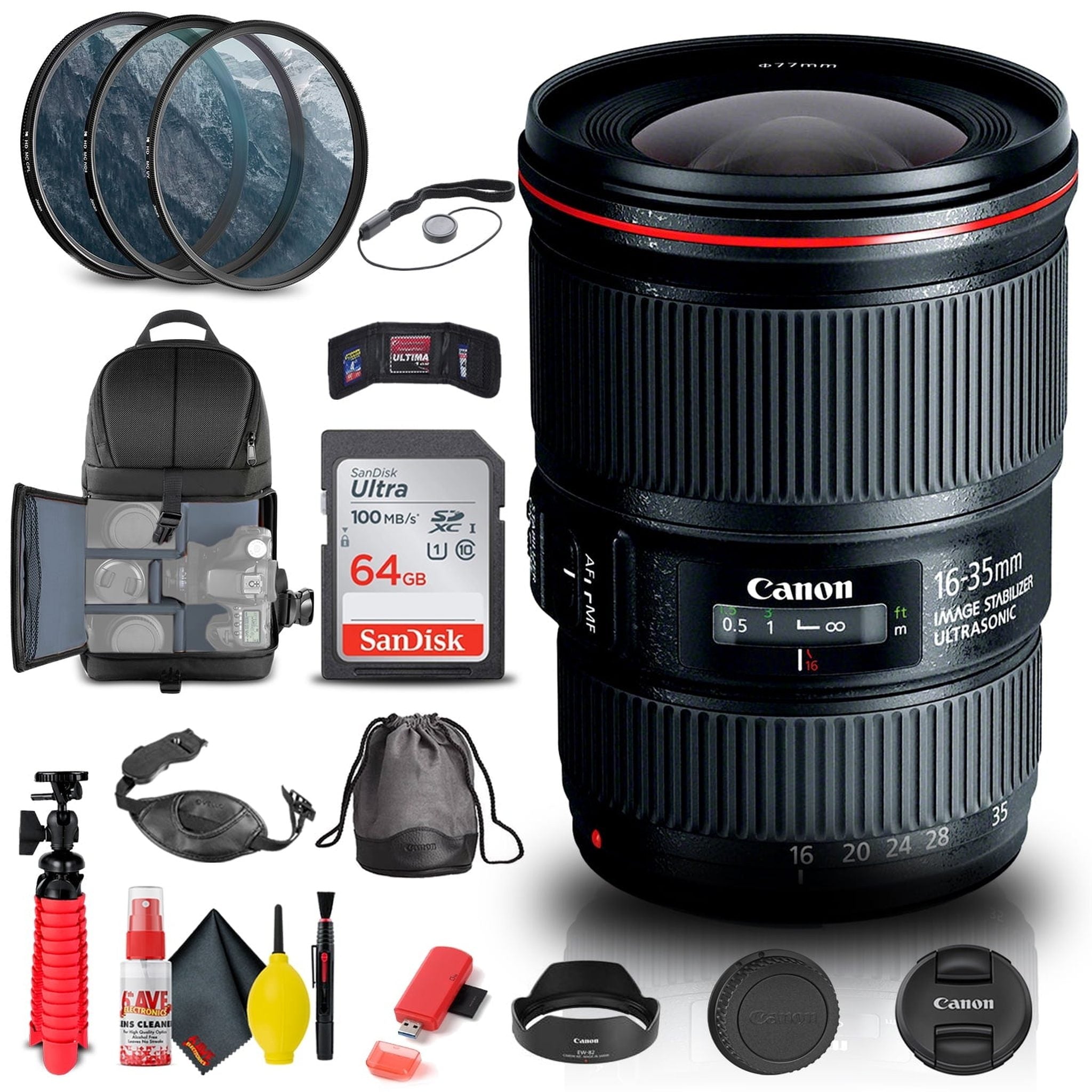 Canon EF 16-35mm f/4L IS USM Lens 9518B002 + Filter + BackPack + 64GB + More Canon