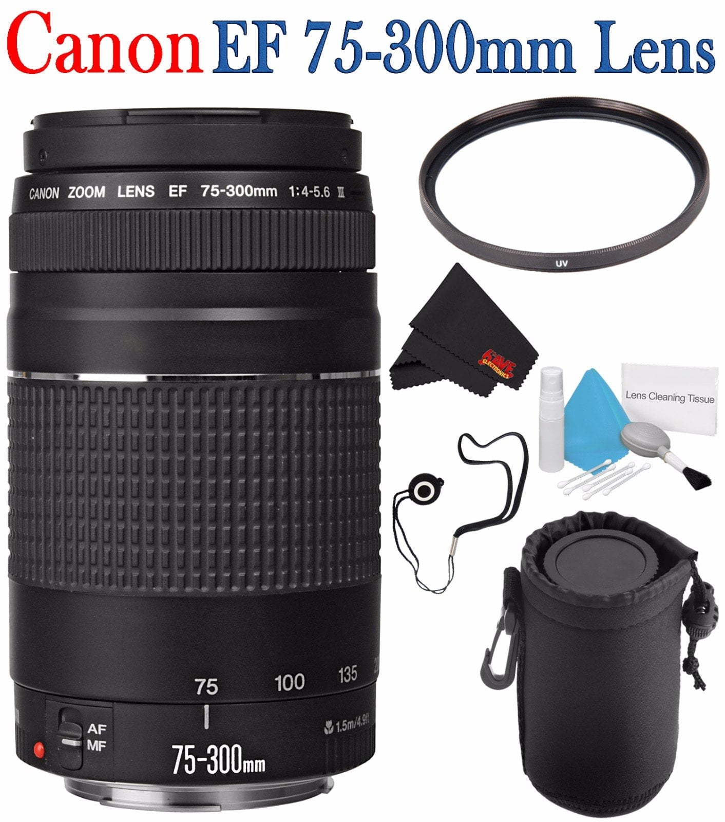 Canon EF 75-300mm f/4-5.6 III Telephoto Zoom Lens 6473A003 + 58mm UV Filter + Lens Cap Keeper + Deluxe Lens Pouch Bundle