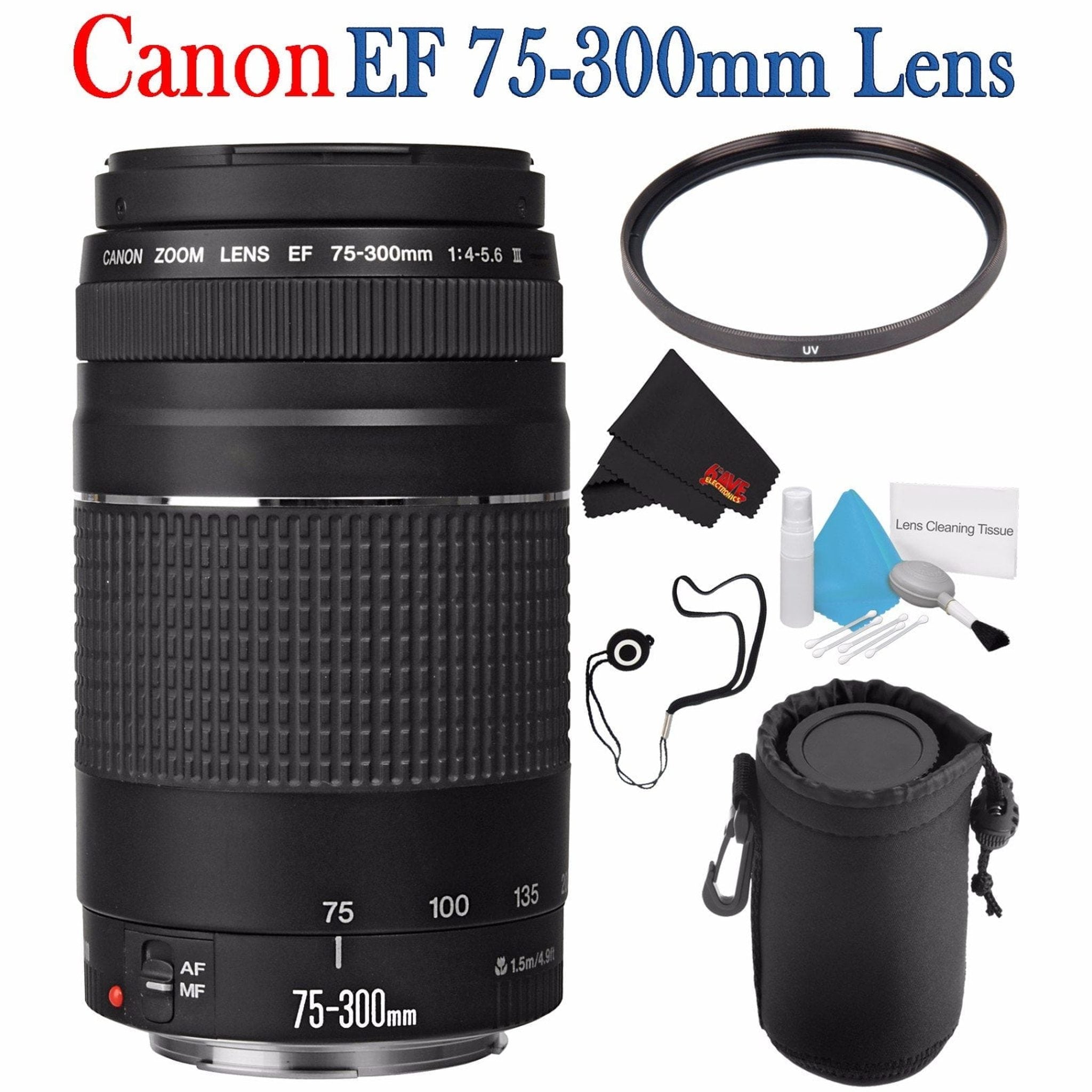 6Ave Canon EF 75-300mm f/4-5.6 III Telephoto Zoom Lens 6473A003 + 58mm UV Filter + Lens Cap Keeper + Deluxe Lens Pouch + - Used Canon