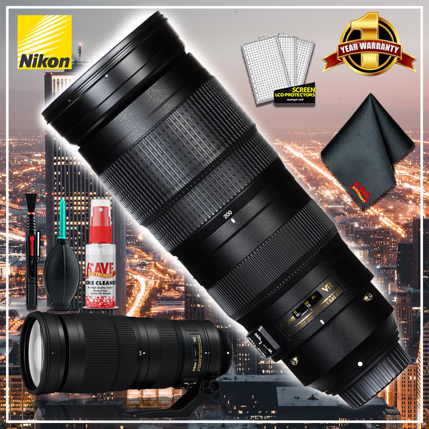 Nikon AF-S NIKKOR 200-500mm f/5.6E ED VR Camera Lens (Intl Model) - Bundle