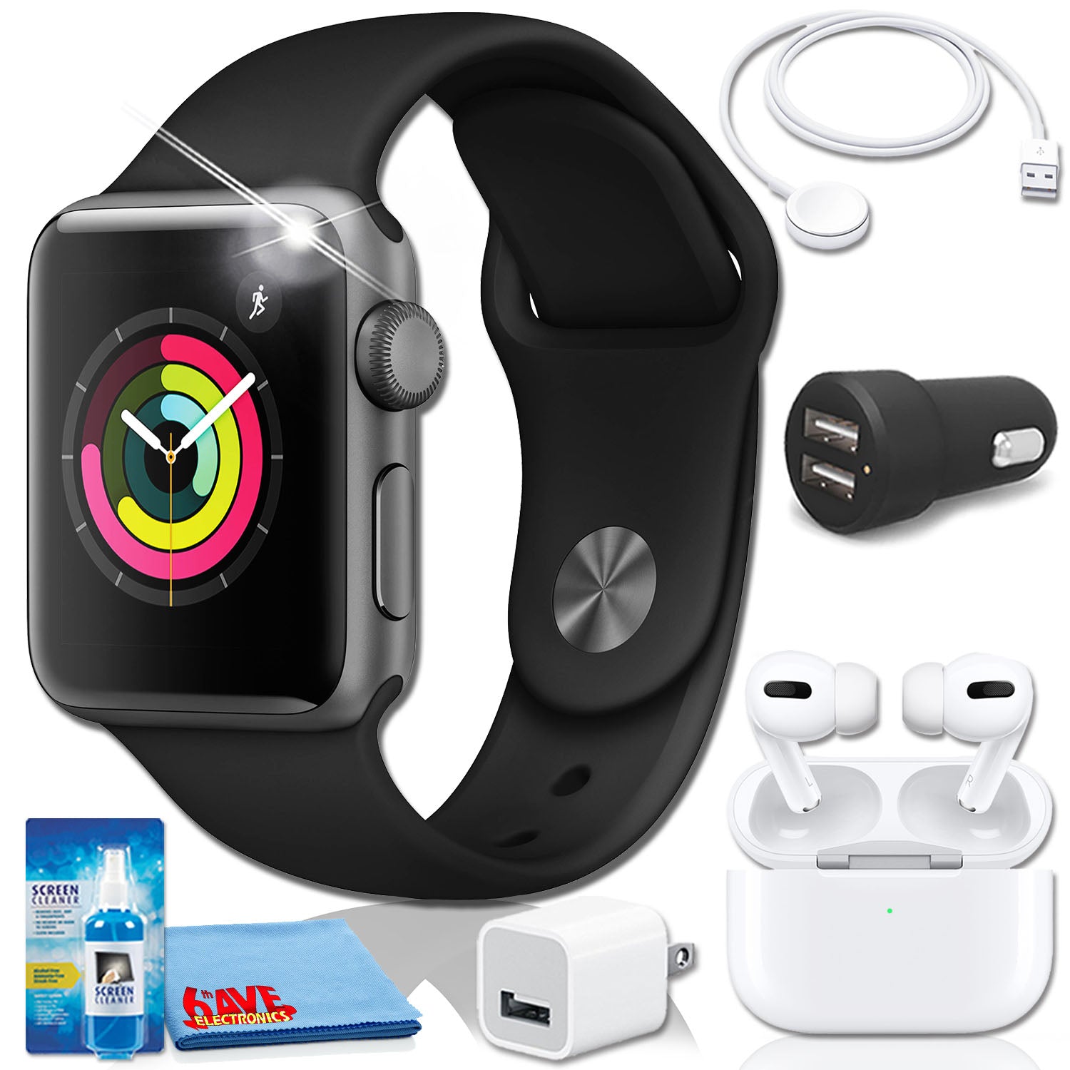 Apple Watch Series 3 (42mm, Silver Aluminum) White Band with Airpods Pro Bundle