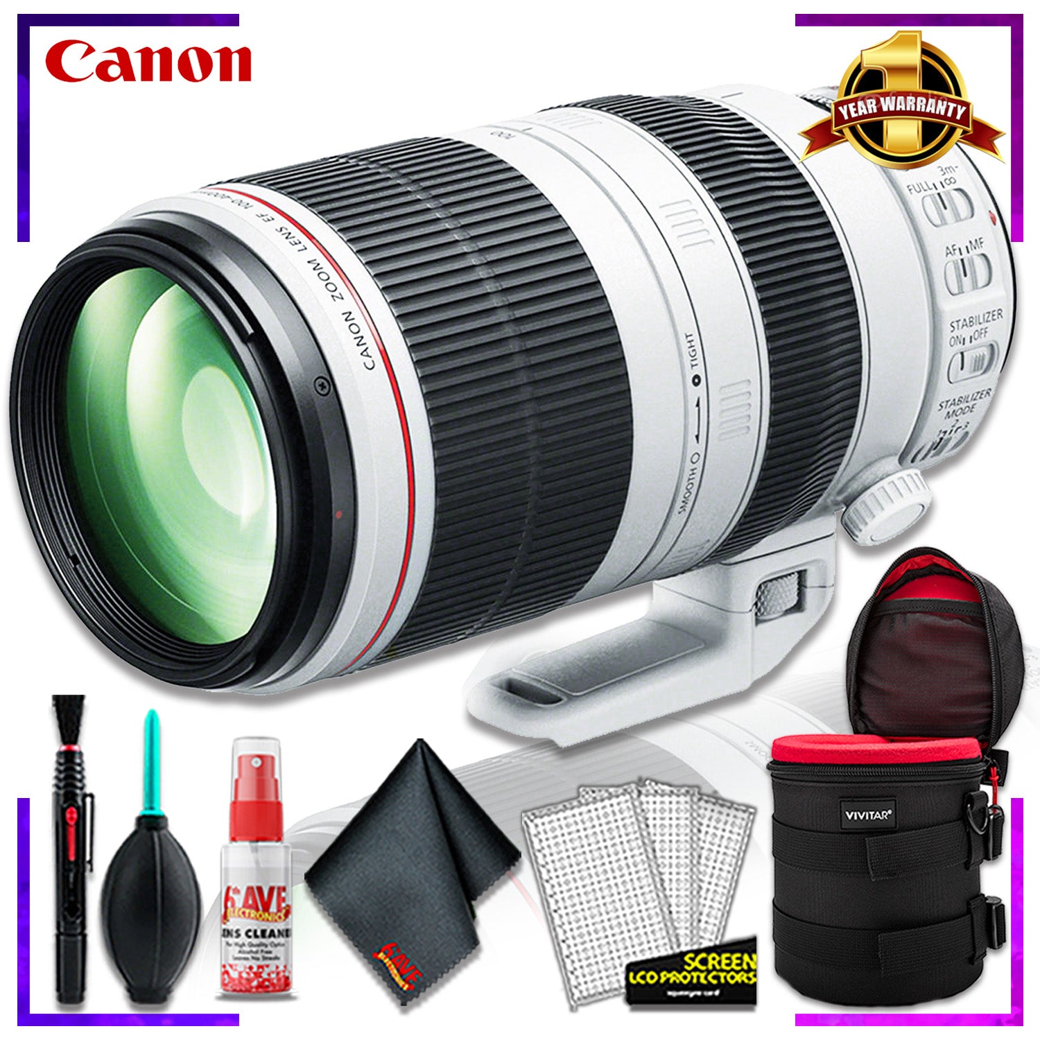Canon EF 100-400mm F/10-5.6L IS Lens (Intl Model) + 10 inch Vivitar Premium Lens Case + Cleaning Kit