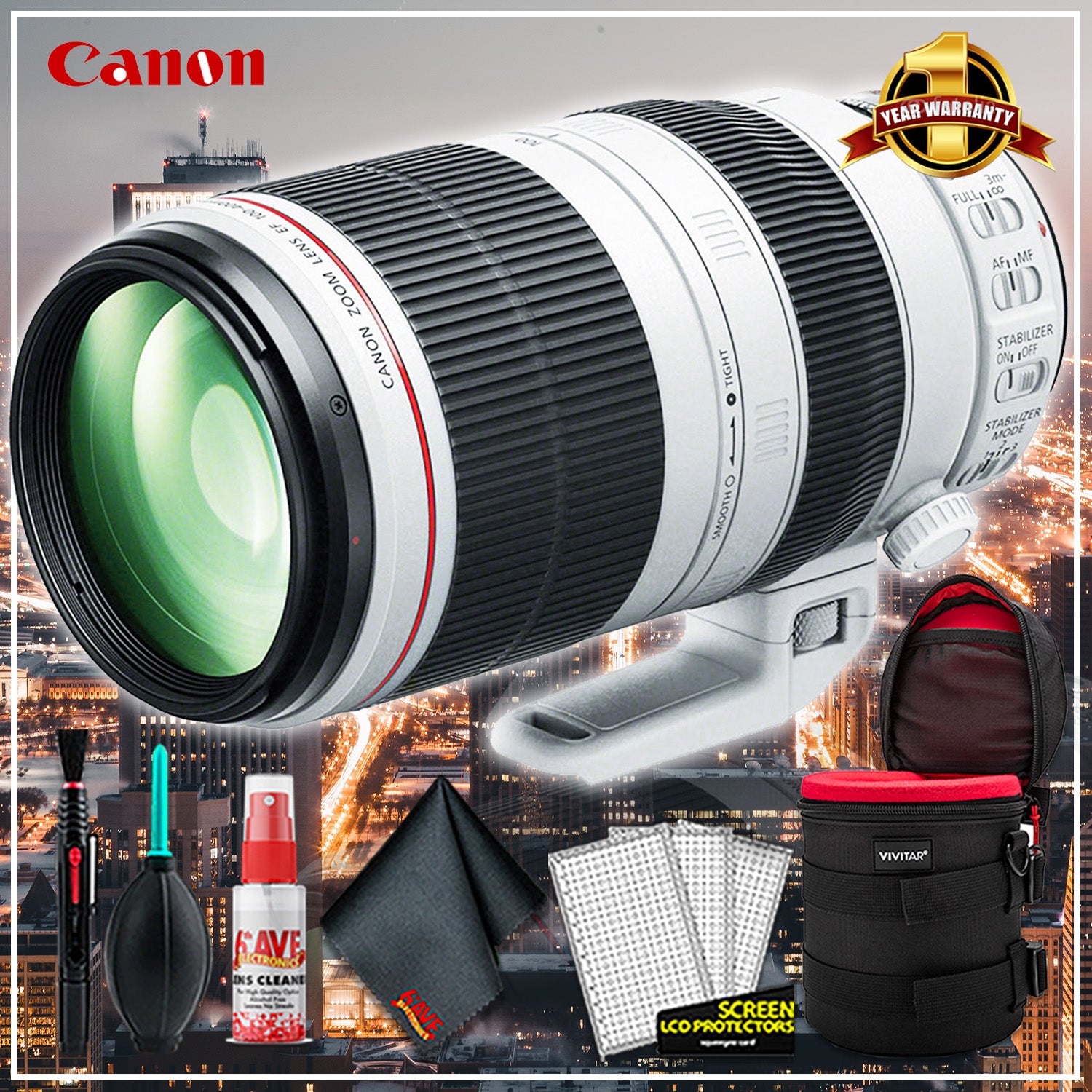 Canon EF 100-400mm F/10-5.6L IS Lens (Intl Model) + 10 inch Vivitar Premium Lens Case + Cleaning Kit