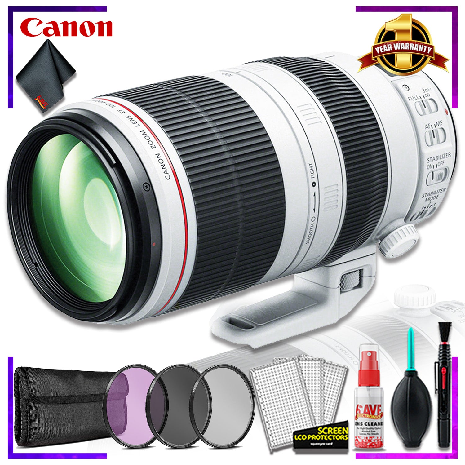 Canon EF 100-400mm F/10-5.6L IS Lens (Intl Model) With Color Lens Filter Kit and Cleaning Kit