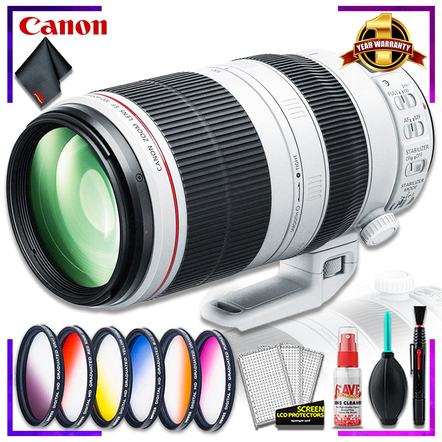 Canon EF 100-400mm F/10-5.6L IS Lens (Intl Model) + 10 inch Vivitar Premium Lens Case + Vivitar Graduated Color Filter Kit