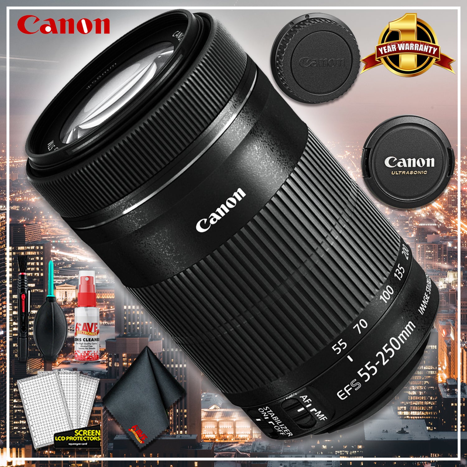 Canon EF-S 55-250mm f/4-5.6 is STM Lens + Cleaning Kit