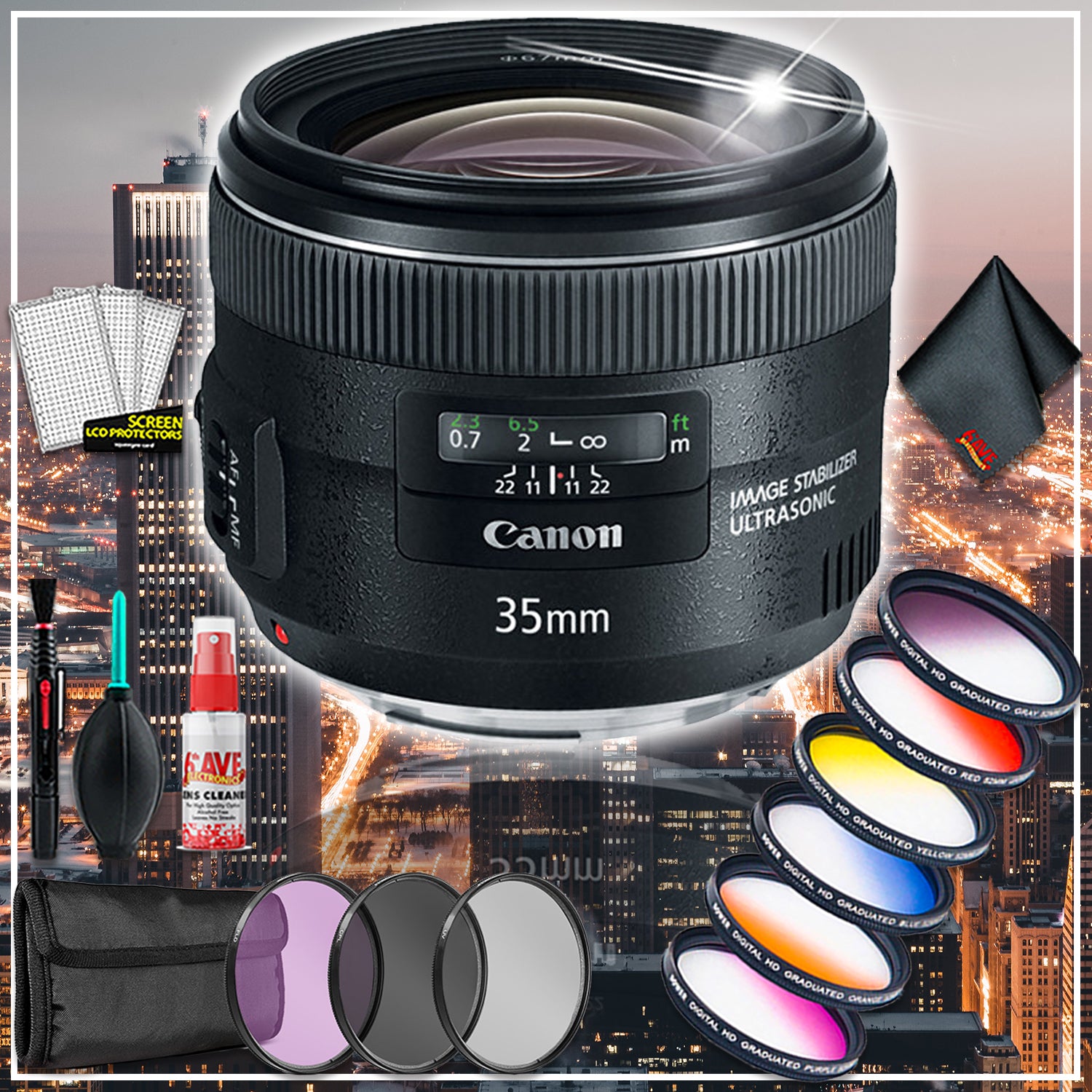 Canon EF 35mm f/2 IS USM Lens (Intl Model) w/ Premium Lens Filter Kit and Cleaning Kit