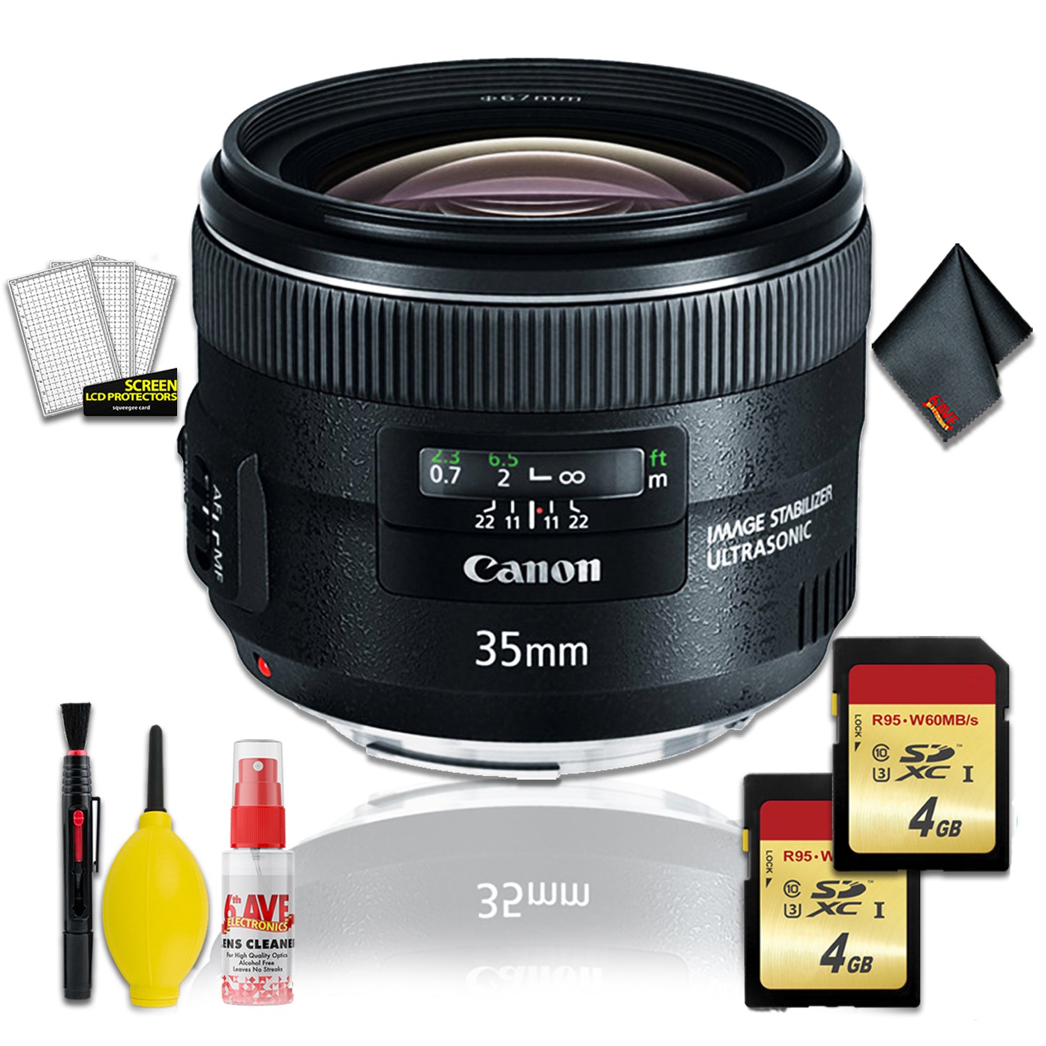 Canon EF 35mm f/2 IS USM Lens (Intl Model) w/ 2x 4gb Memory Card and Cleaning Kit