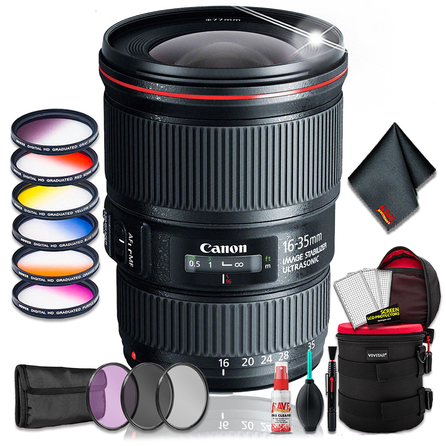 Canon EF 16-35 4.0 f/4 L IS USM (Intl Model) + 6 inch Premium Lens Case + Loaded Lens Filter Kit + Cleaning Kit