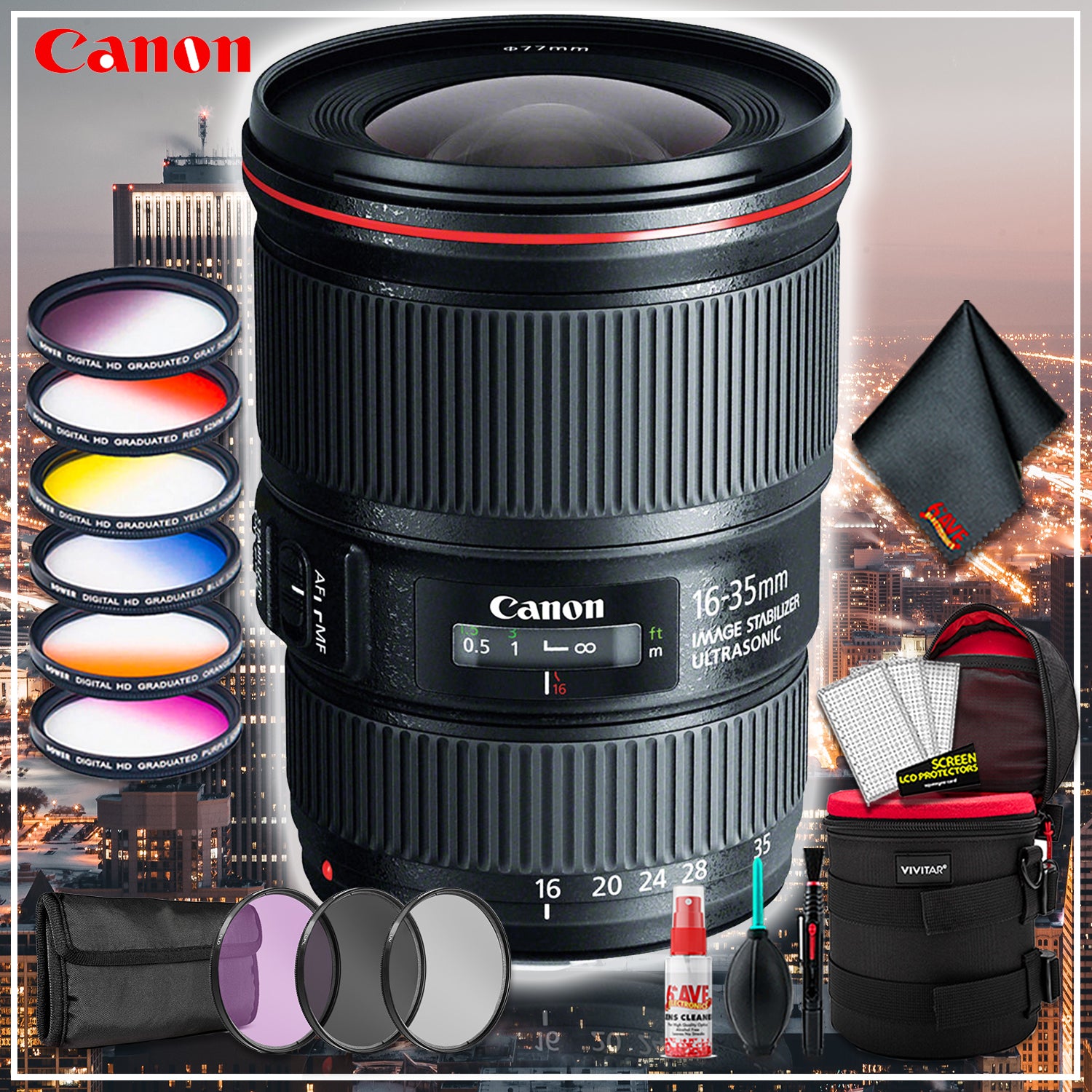 Canon EF 16-35 4.0 f/4 L IS USM (Intl Model) + 6 inch Premium Lens Case + Loaded Lens Filter Kit + Cleaning Kit