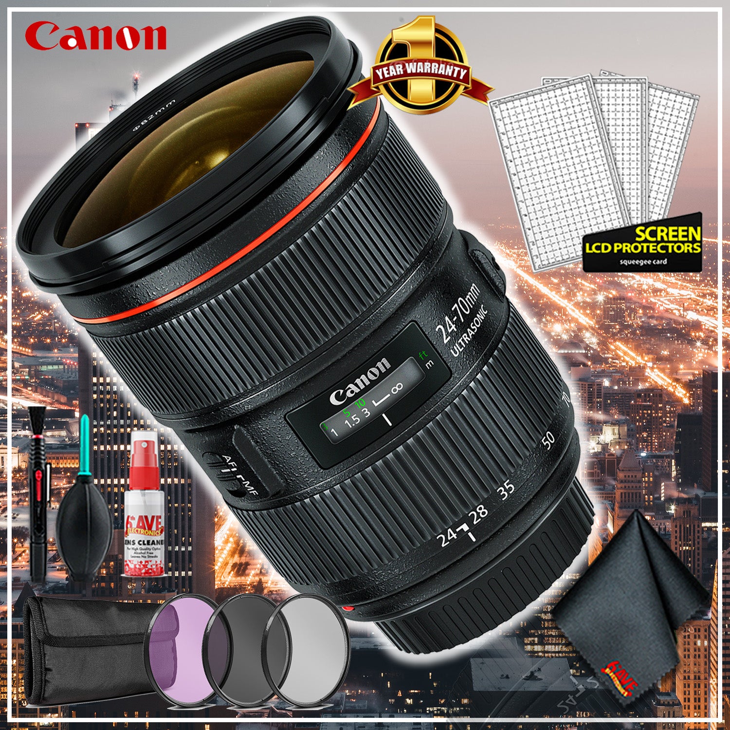 Canon 24-70 f.2.8L II USM 82mm Lens (Intl Model) + 3pcs UV Lens Filter Kit + Cleaning Kit