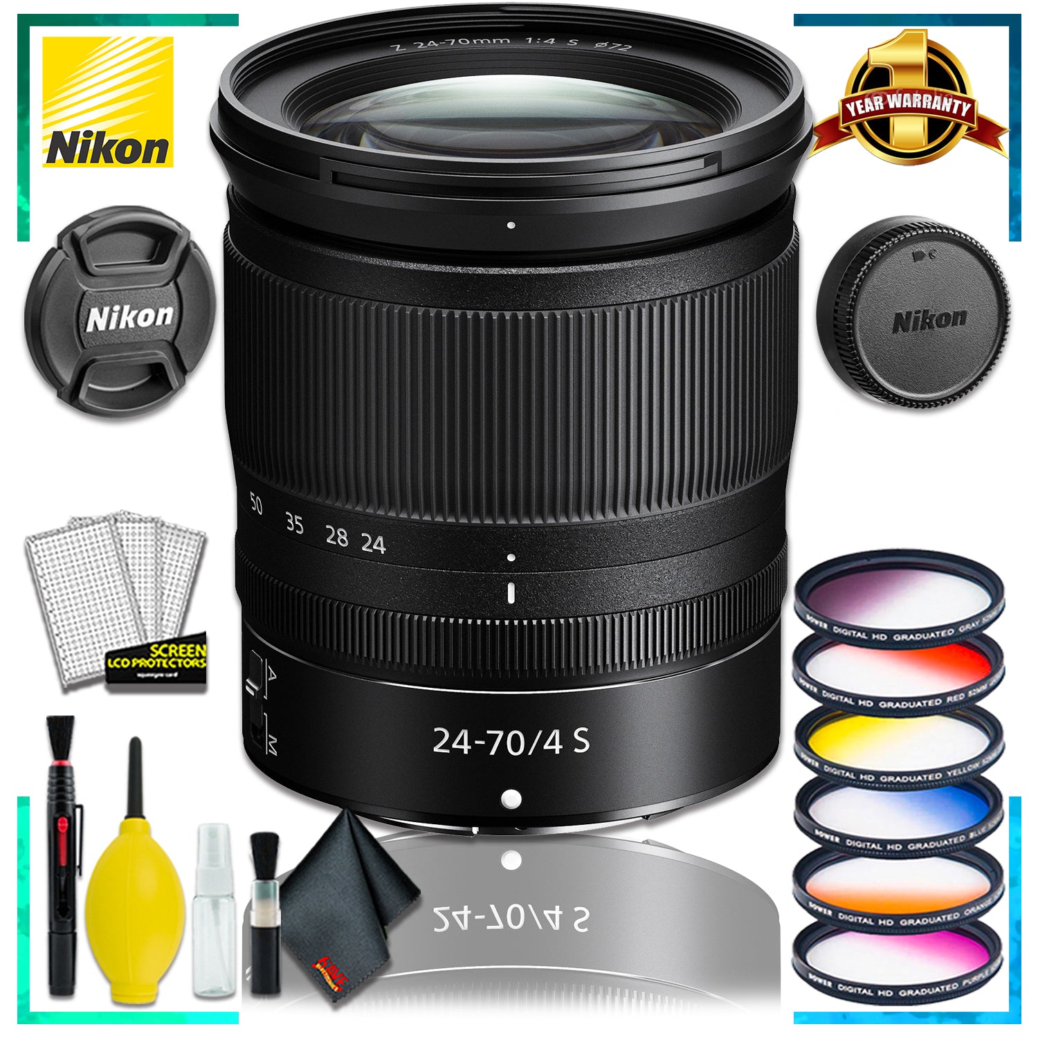 Nikon NIKKOR Z 24-70mm f.4 S Lens (Intl Model) + Vivitar Graduated Color Filter Kit + Cleaning Kit