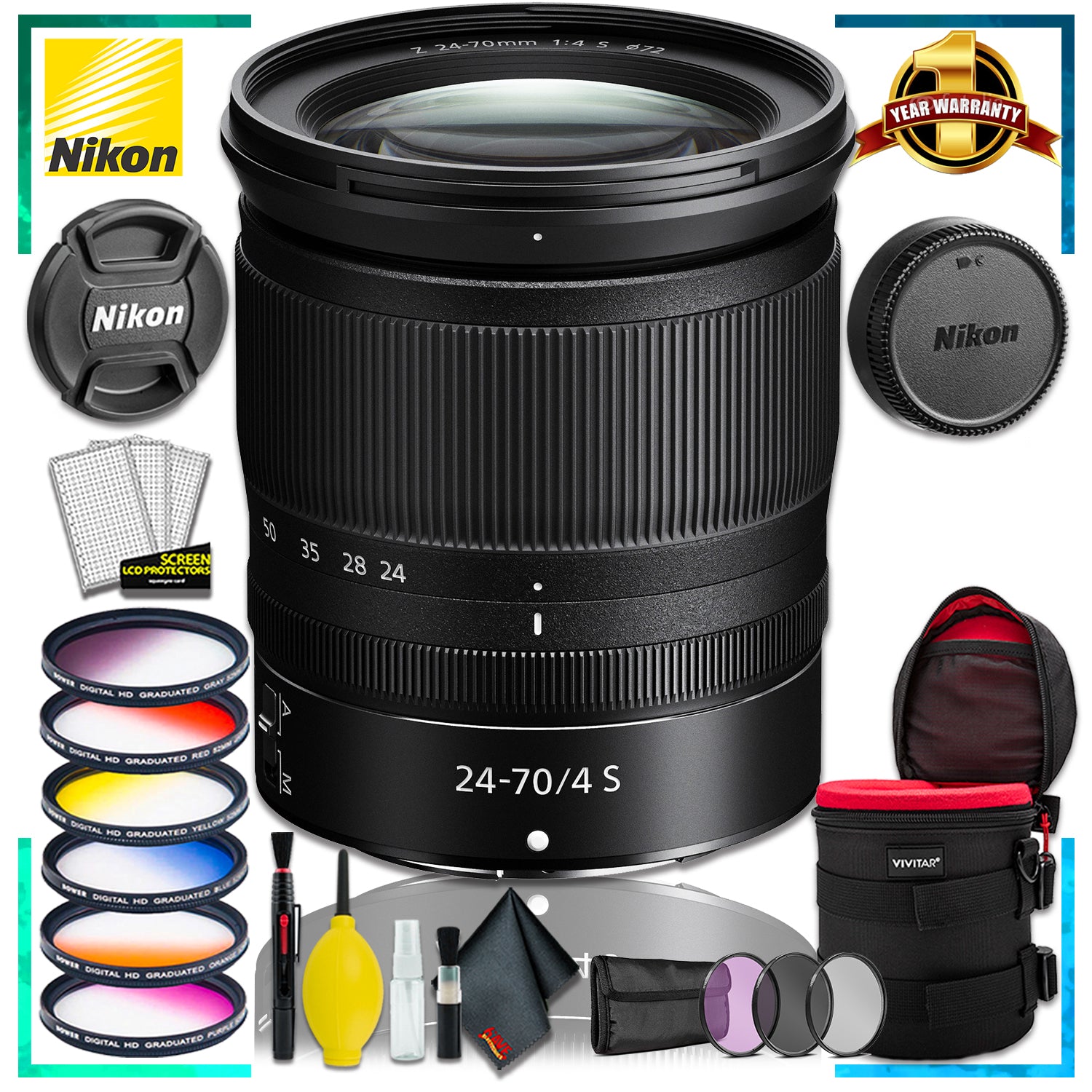 Nikon NIKKOR Z 24-70mm f.4 S Lens (Intl Model) + 4.5 inch Vivitar Premium Lens Case + Vivitar Graduated Color Filter Kit + 3pcs UV Lens Filter Kit +
