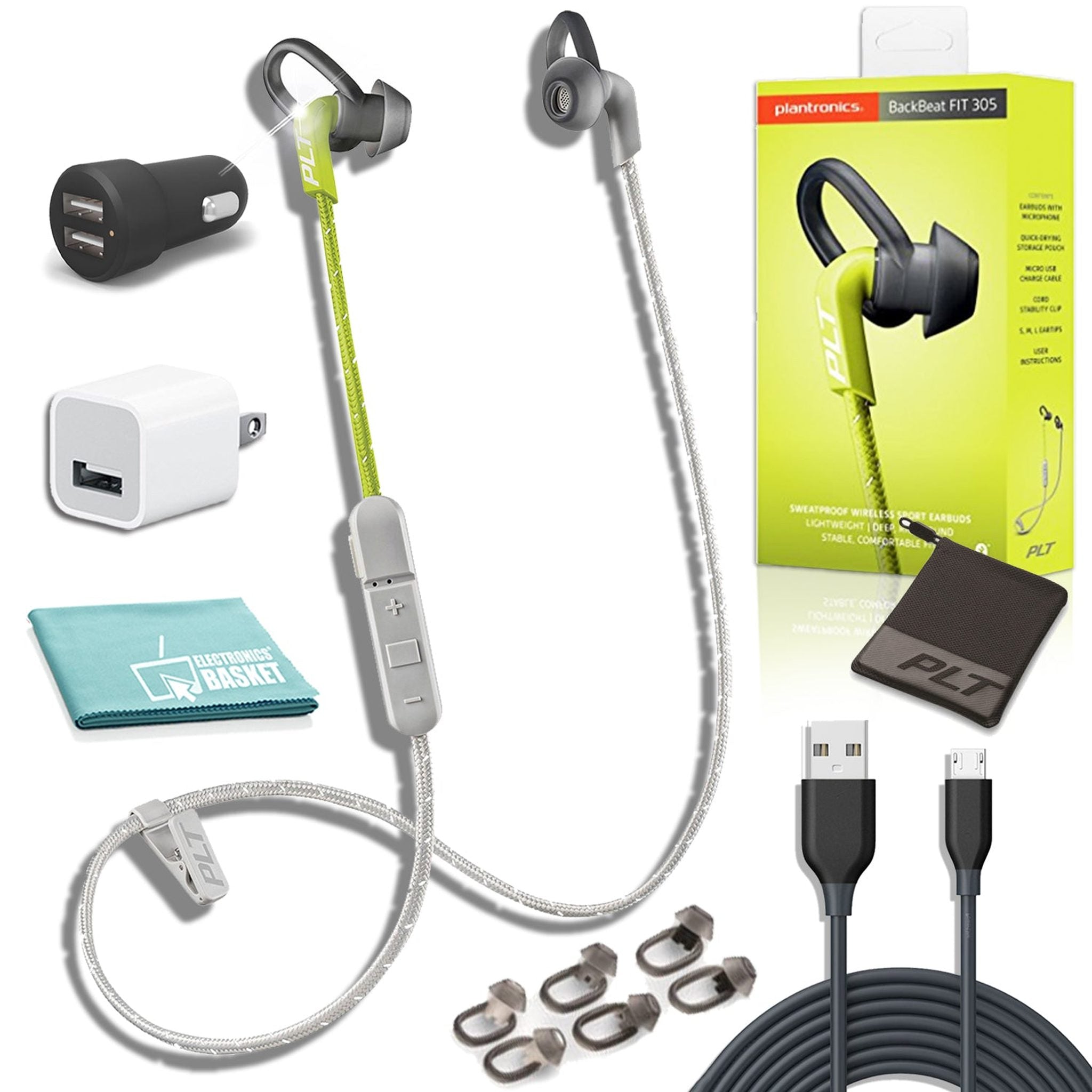 Plantronics Backbeat Fit 305 Wireless Earbuds in Lime Green Premium Charging Bundle