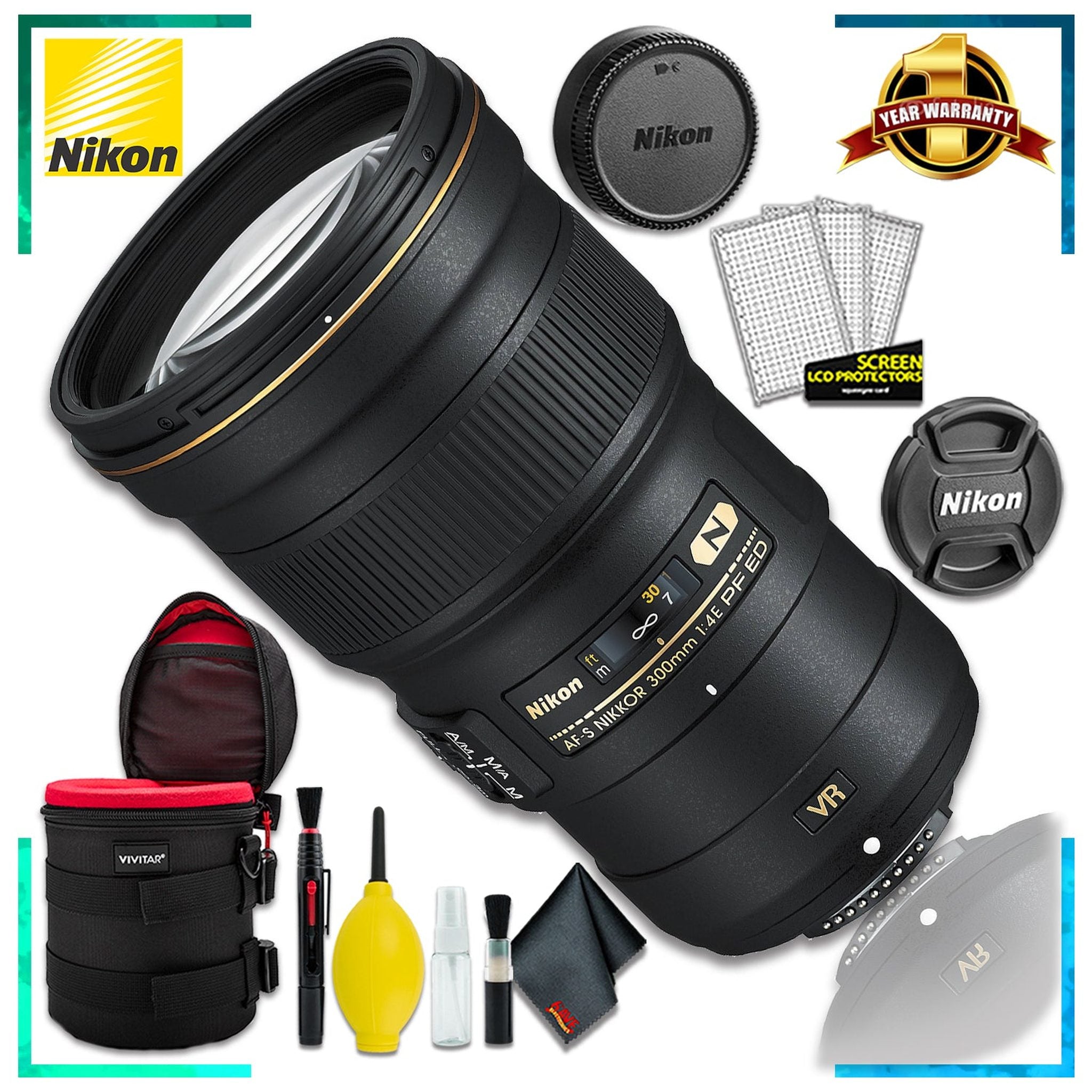 Nikon AF-S NIKKOR 300mm f4E PF ED VR Lens Intl Model + 6 Inch Vivitar Premium Lens Case + Cleaning Kit Nikon