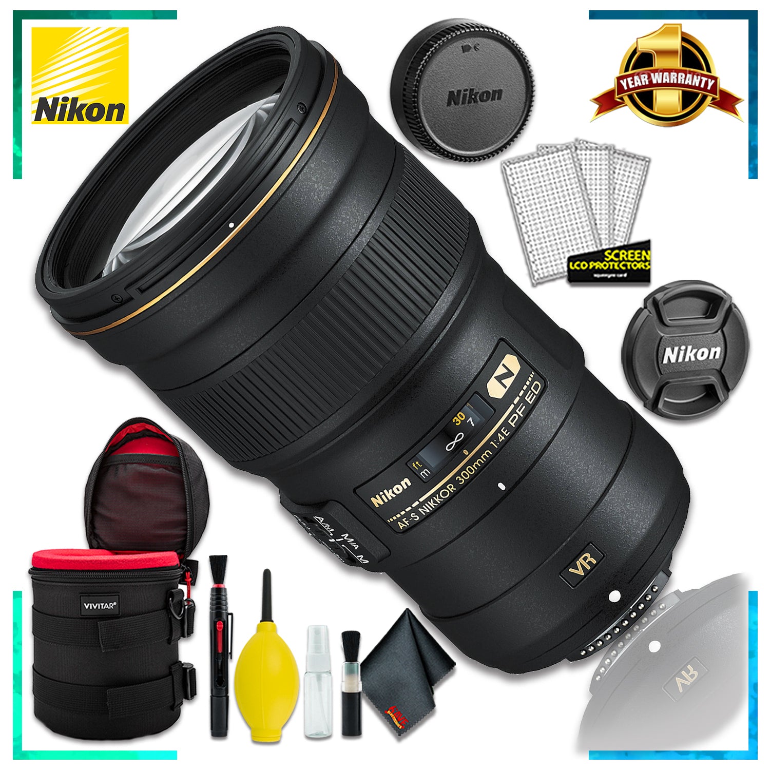 Nikon AF-S NIKKOR 300mm f4E PF ED VR Lens Intl Model + 6 Inch Vivitar Premium Lens Case + Cleaning Kit