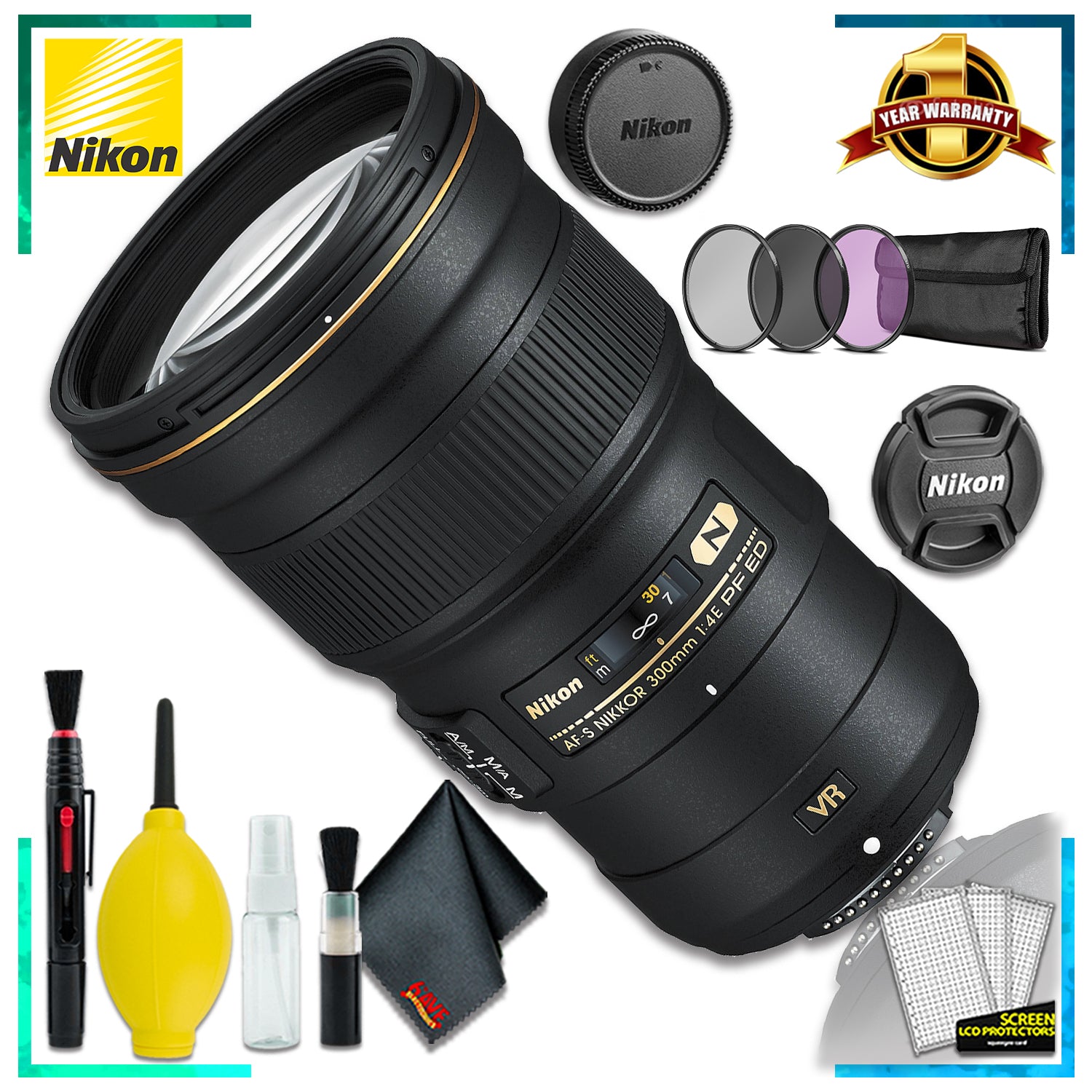 Nikon AF-S NIKKOR 300mm f4E PF ED VR Lens Intl Model + 3pcs UV Lens Filter Kit + Cleaning Kit