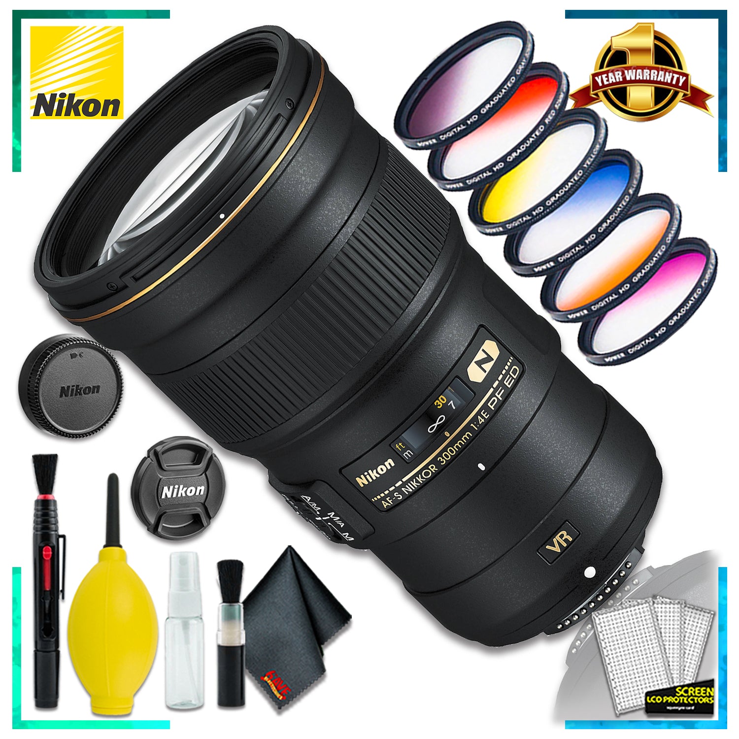 Nikon AF-S NIKKOR 300mm f4E PF ED VR Lens Intl Model + Vivitar Graduated Color Filter Set + Cleaning Kit