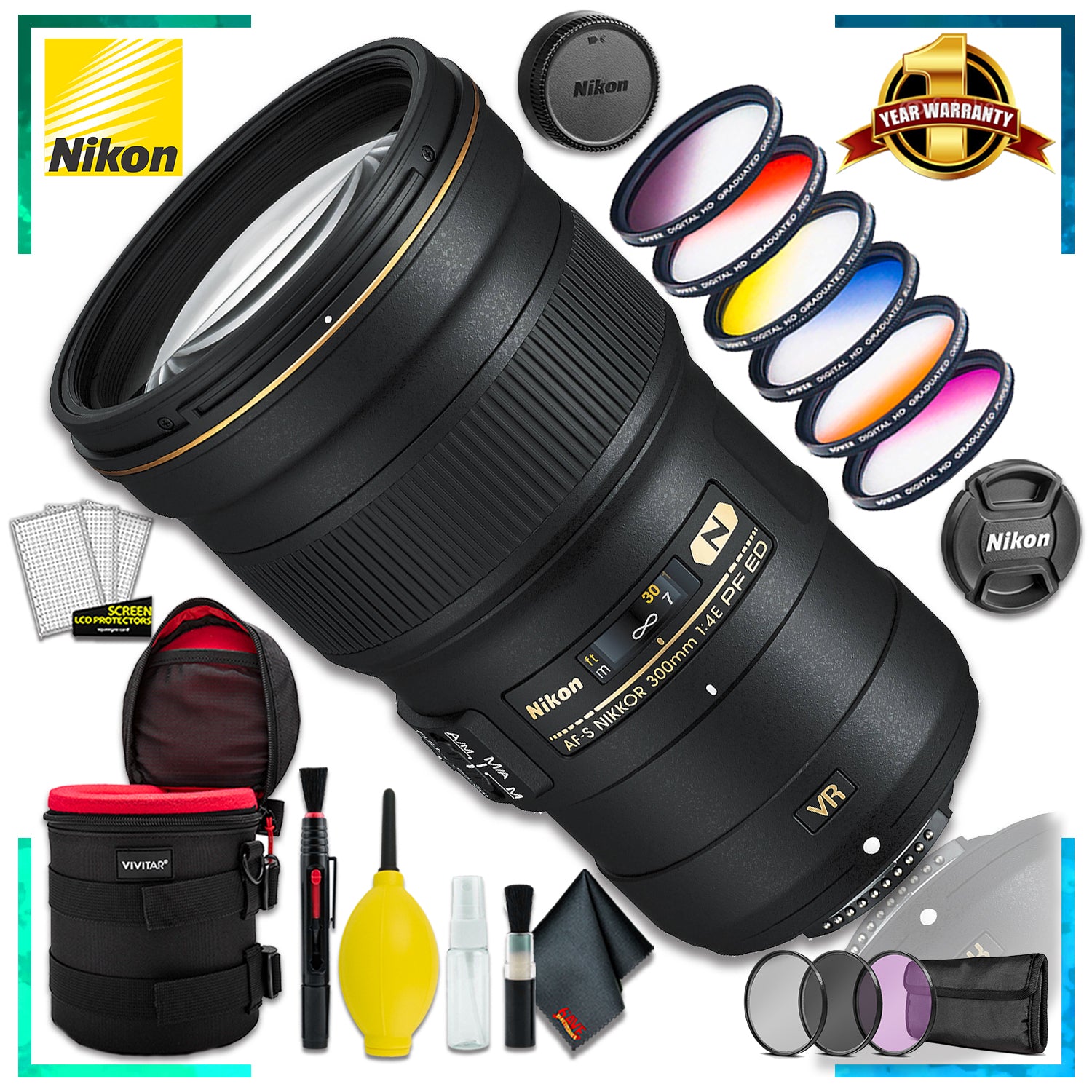 Nikon AF-S NIKKOR 300mm f4E PF ED VR Lens Intl Model + 6 Inch Vivitar Premium Lens Case + Vivitar Graduated Color Filter Set + 3pcs Lens Filter Kit + Cleaning Kit