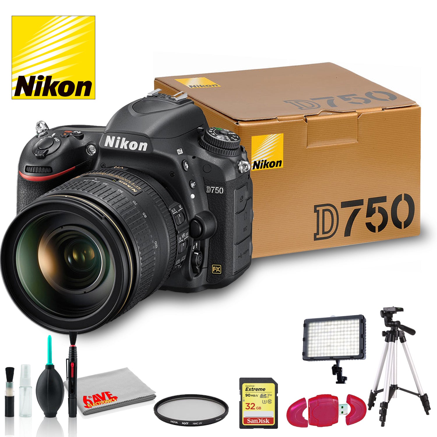 Nikon D750 DSLR Camera with 24-120mm Lens + Sandisk 32 GB SD Card, 72 Inch Tripod and more